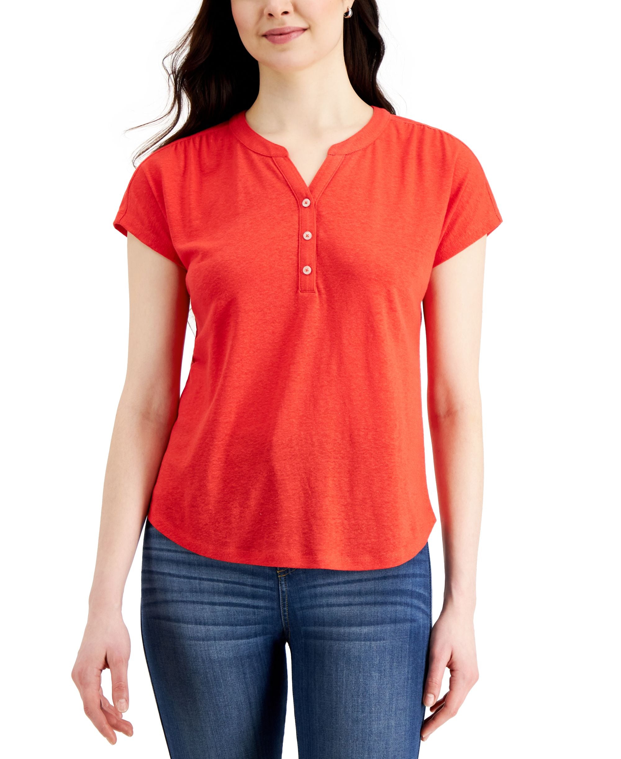 Petite Linen-Blend-Blend Henley Premium Top