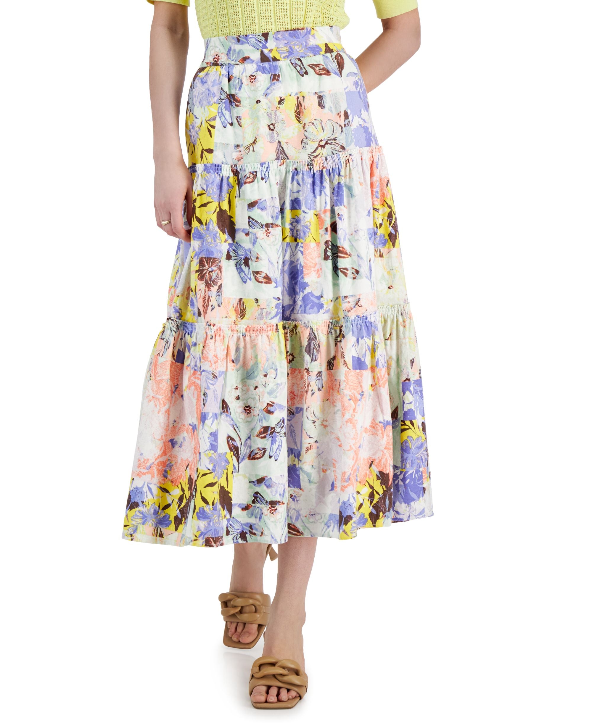 INC International Concepts Tiered Flounce Ruffle Trim Floral Midi Modern Skirt