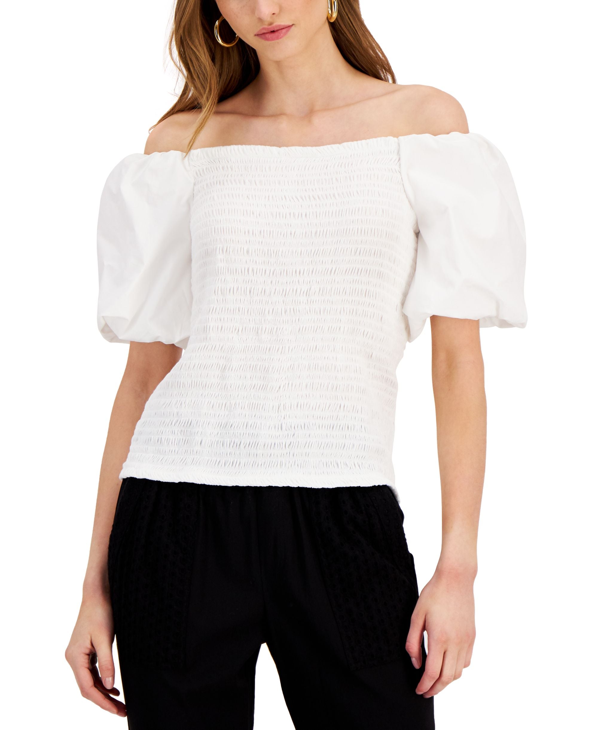 INC International Concepts Petite Smocked Off The Shoulder Balloon Sleeve Premium Top