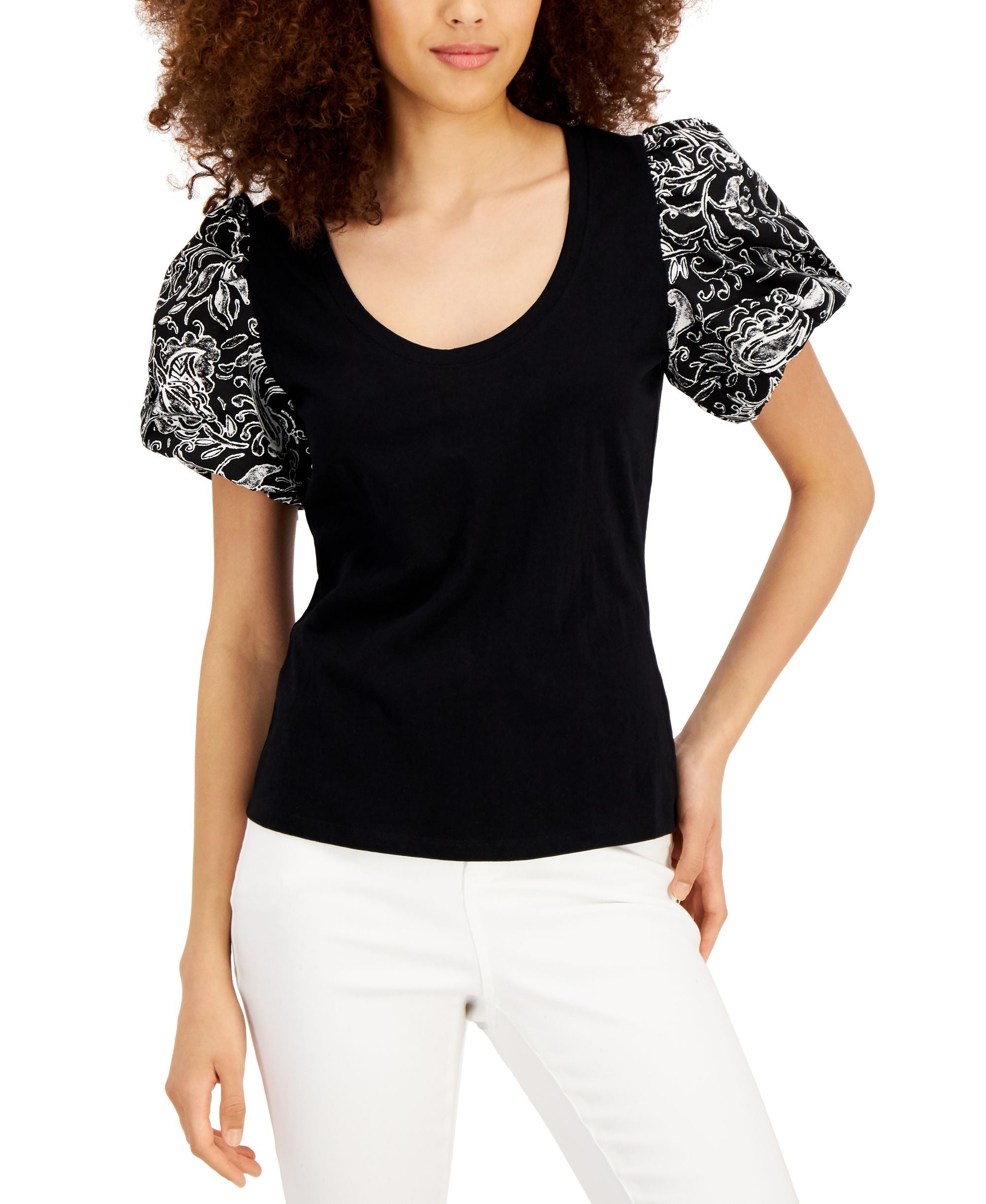 INC International Concepts Printed Puff-Sleeve Cotton Premium Top