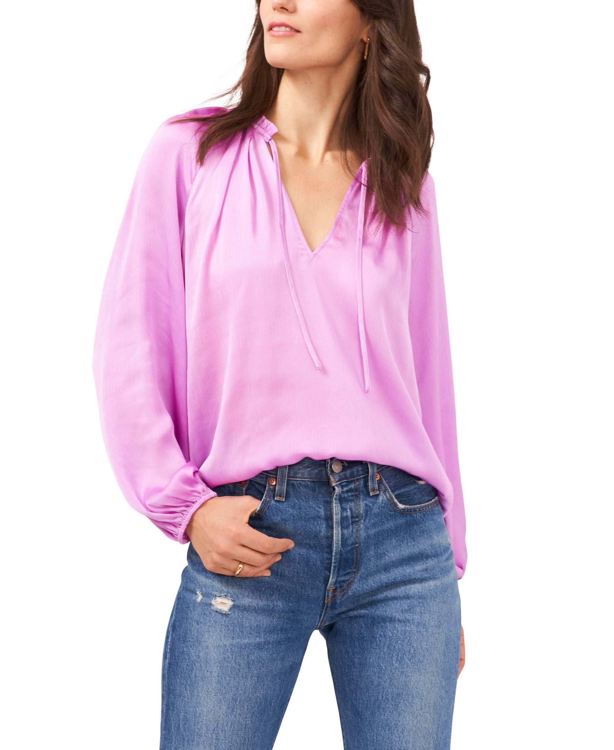 1.State Womens Long-Sleeve Raglan Tie Neck Pleated Detail Premium Top