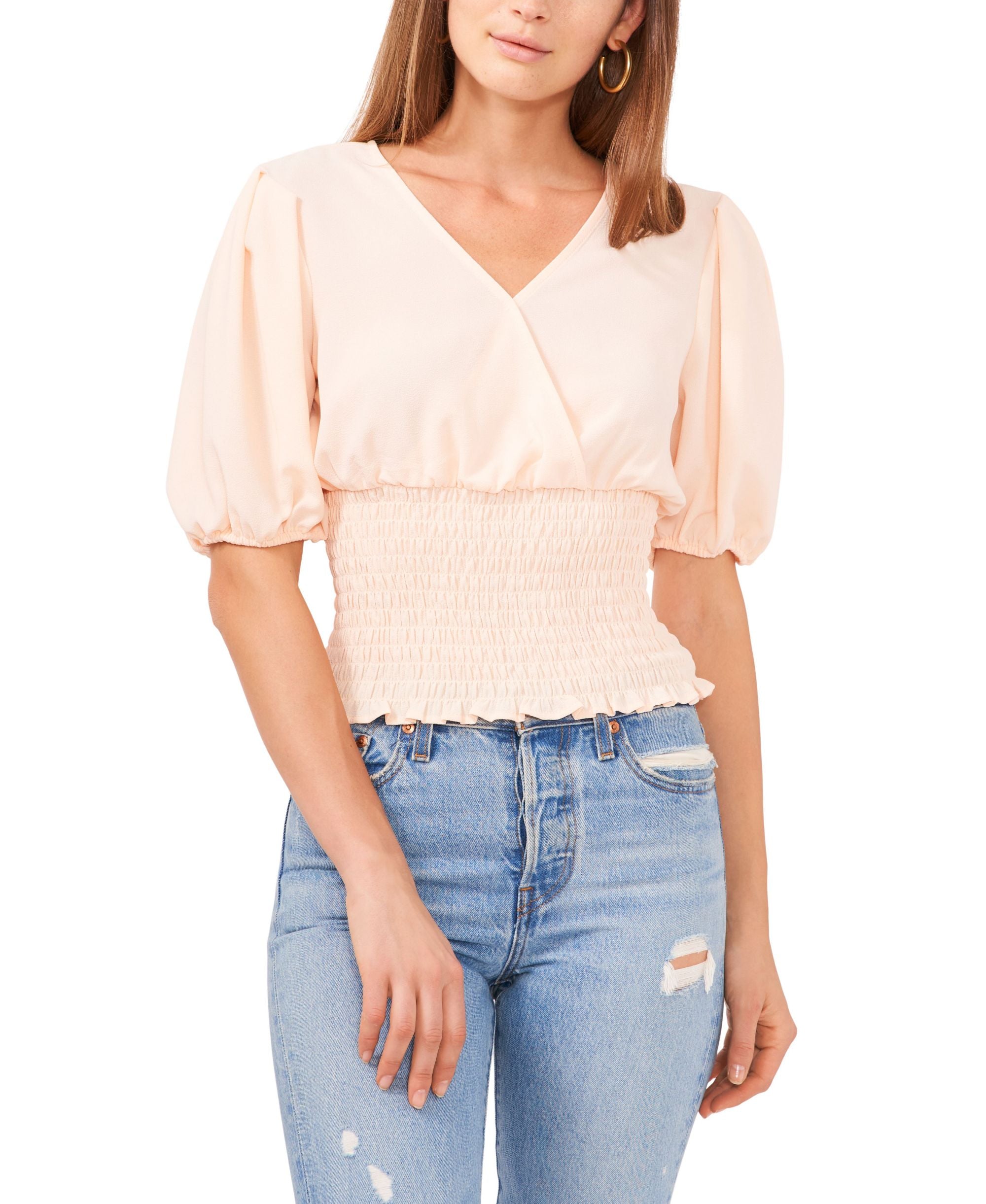 1.State Womens V Neck Smocked Waist Premium Top