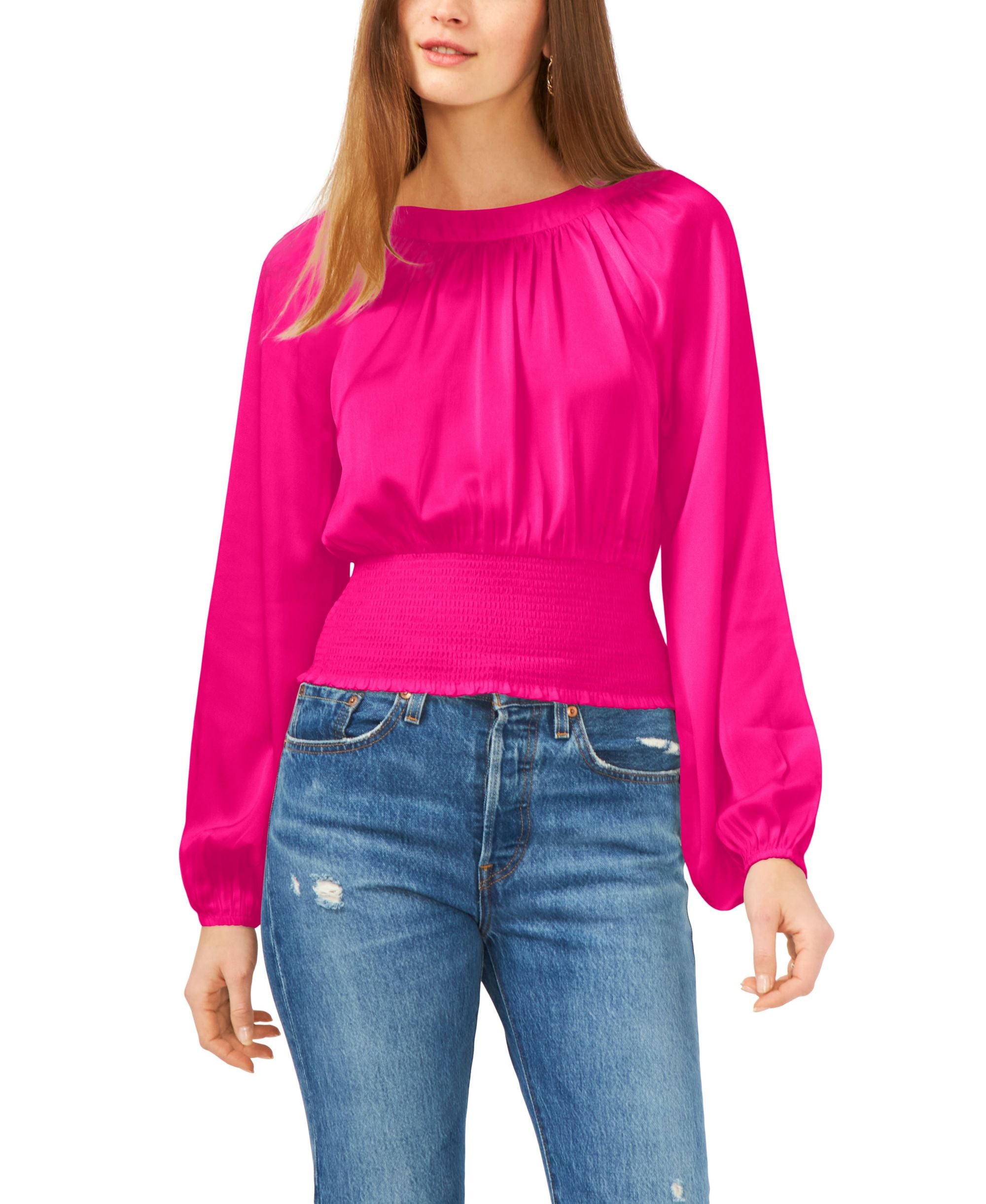 1.State Long-Sleeve Raglan Smocked Waist Premium Top