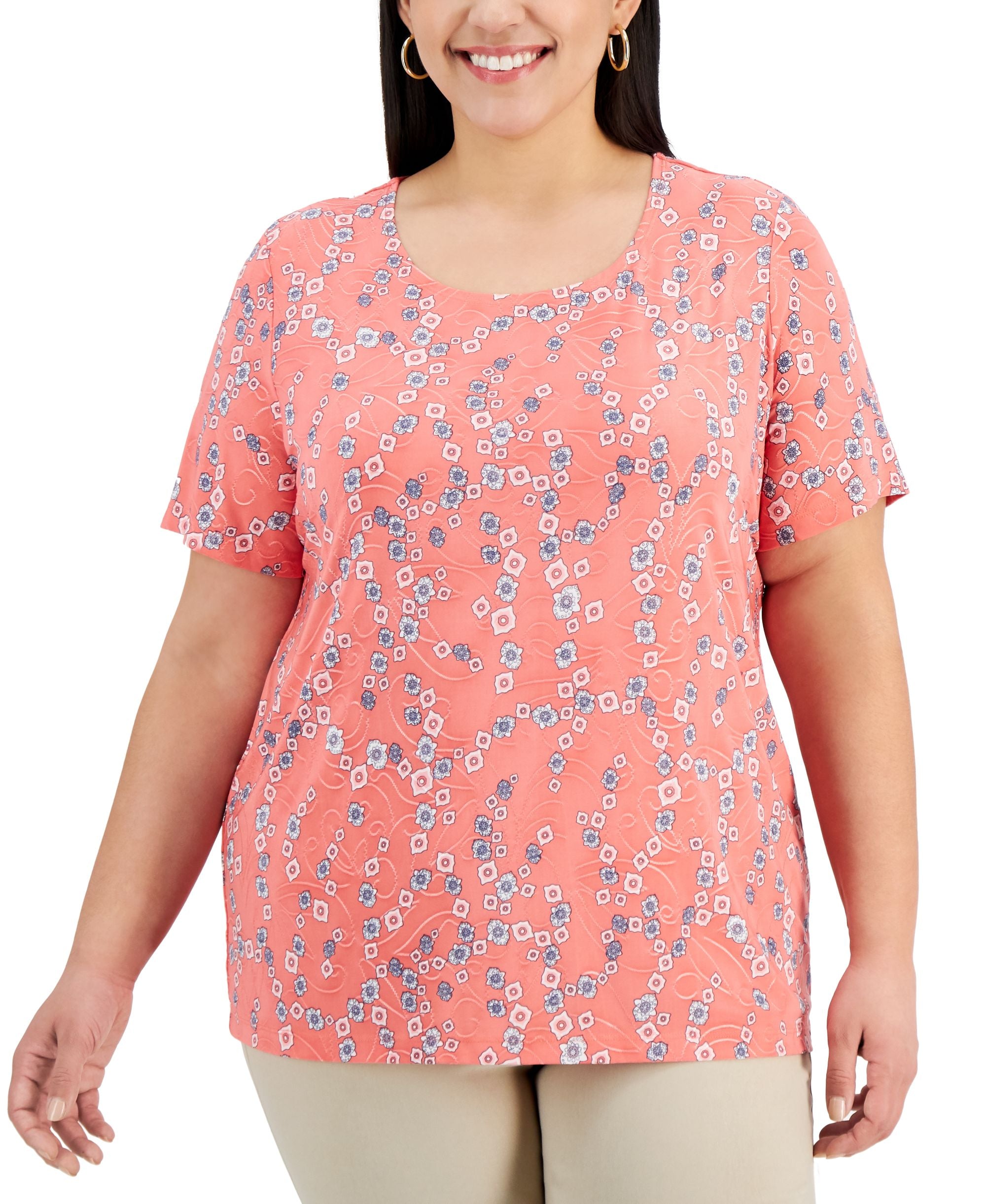 JM Collection Plus Size Jacquard Printed Scoop Neck Premium Top