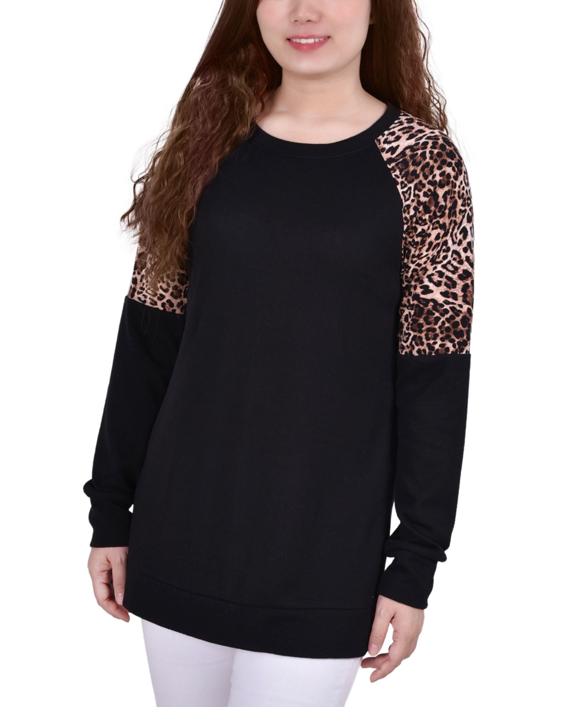 Petite Long Raglan Sleeve Tunic With Animal Print Insets Premium Top