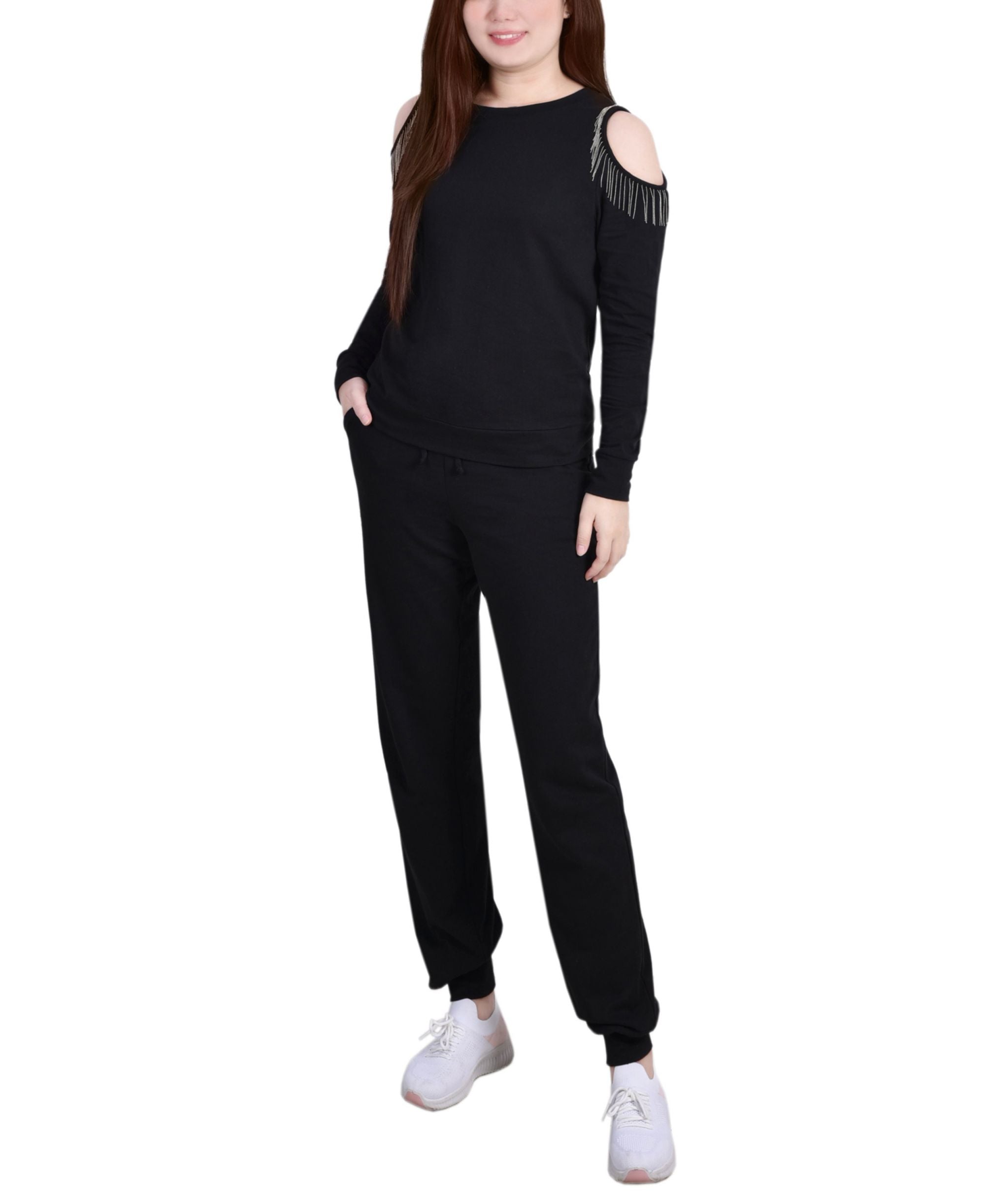 Petite Long-Sleeve Cold Shoulder Jogger Set