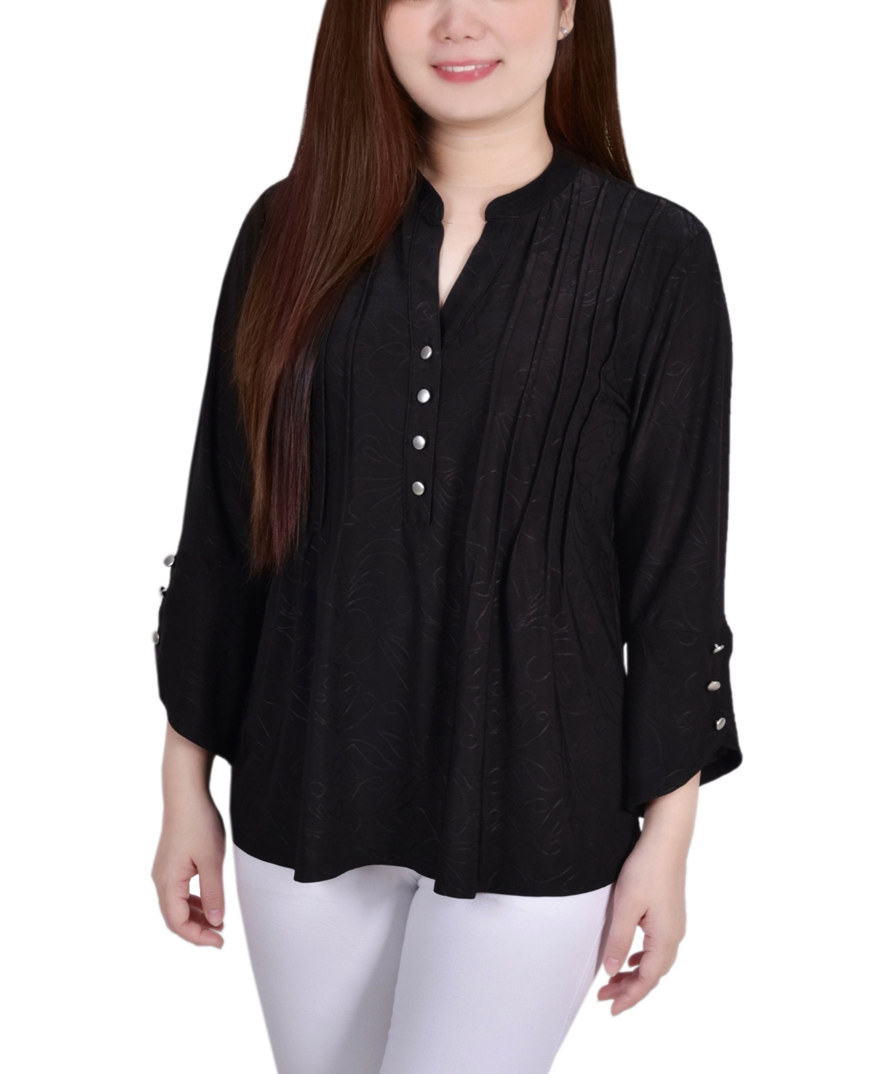 Petite 3/4 Sleeve Overlapped Bell Sleeve Y-neck Premium Top