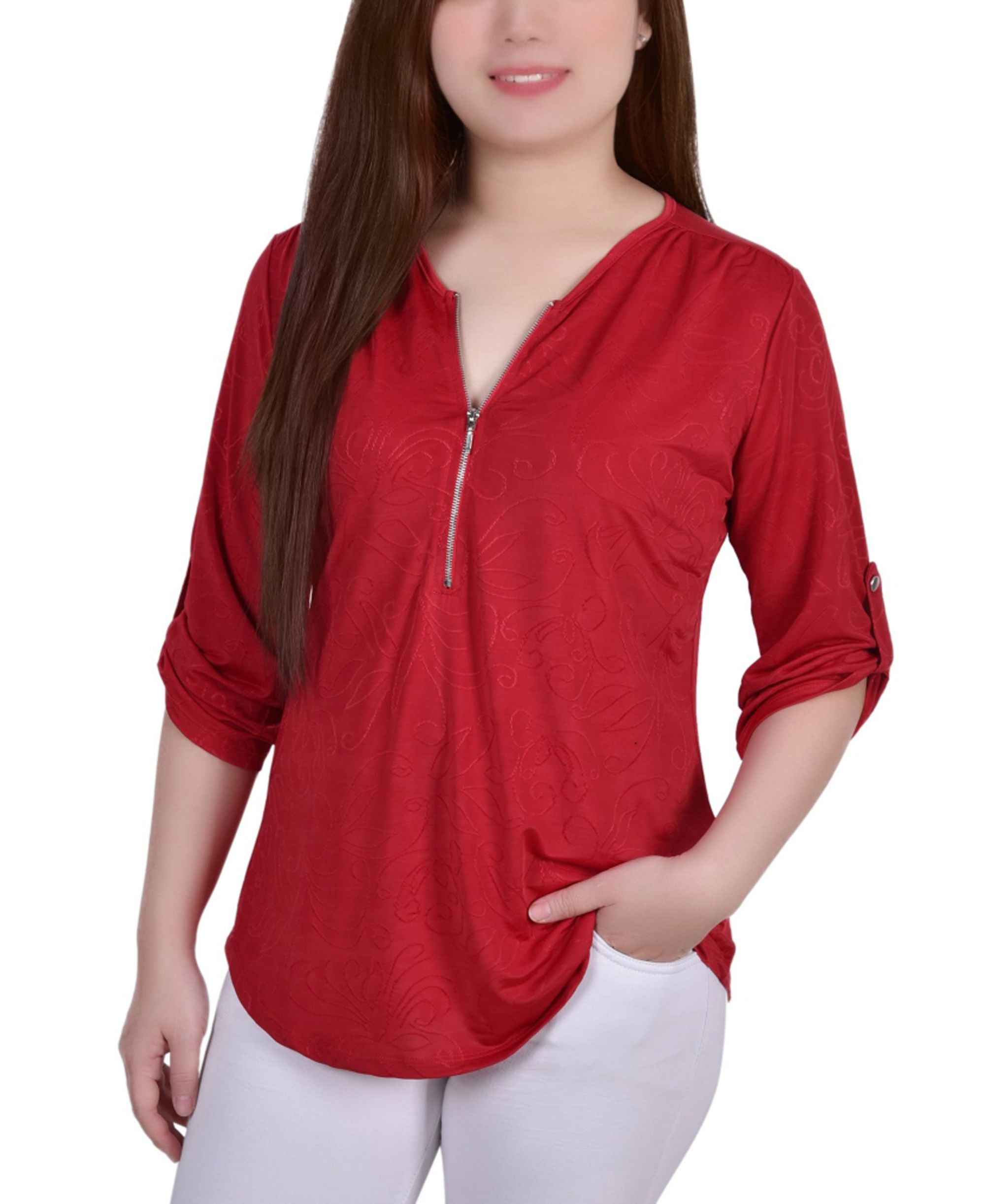 Petite 3/4 Roll Tab Zip-Front Jacquard Knit Premium Top