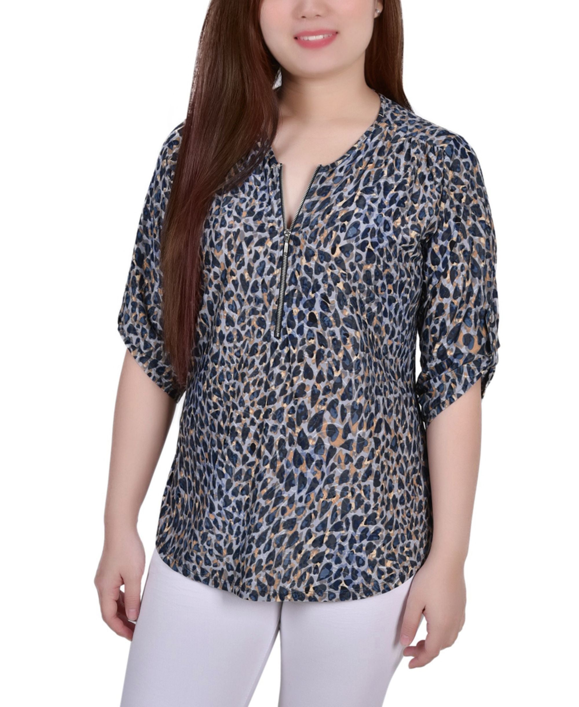 Petite 3/4 Roll Tab Zip-Front Jacquard Knit Premium Top