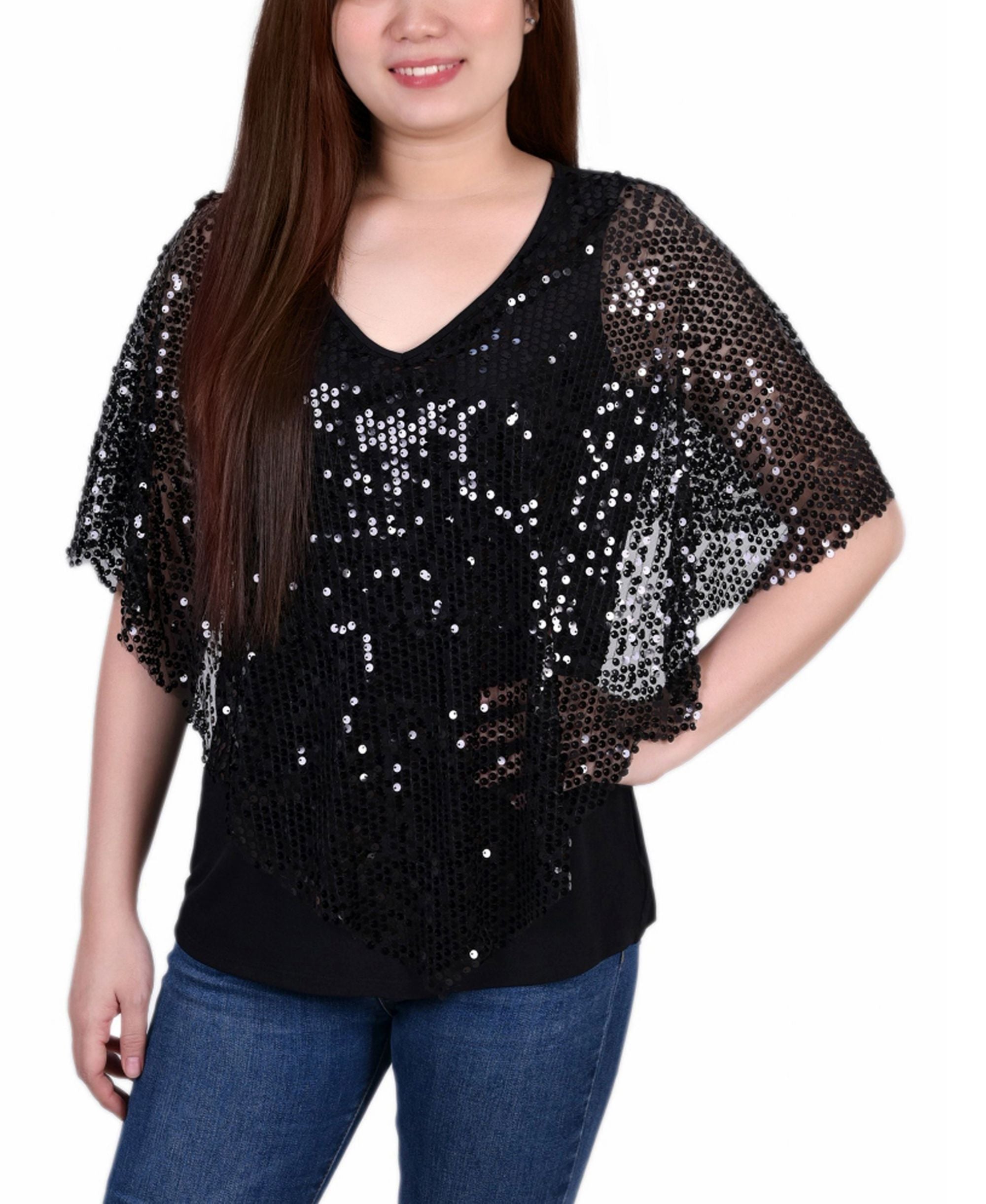 Petite Sequin-Front Poncho Premium Top