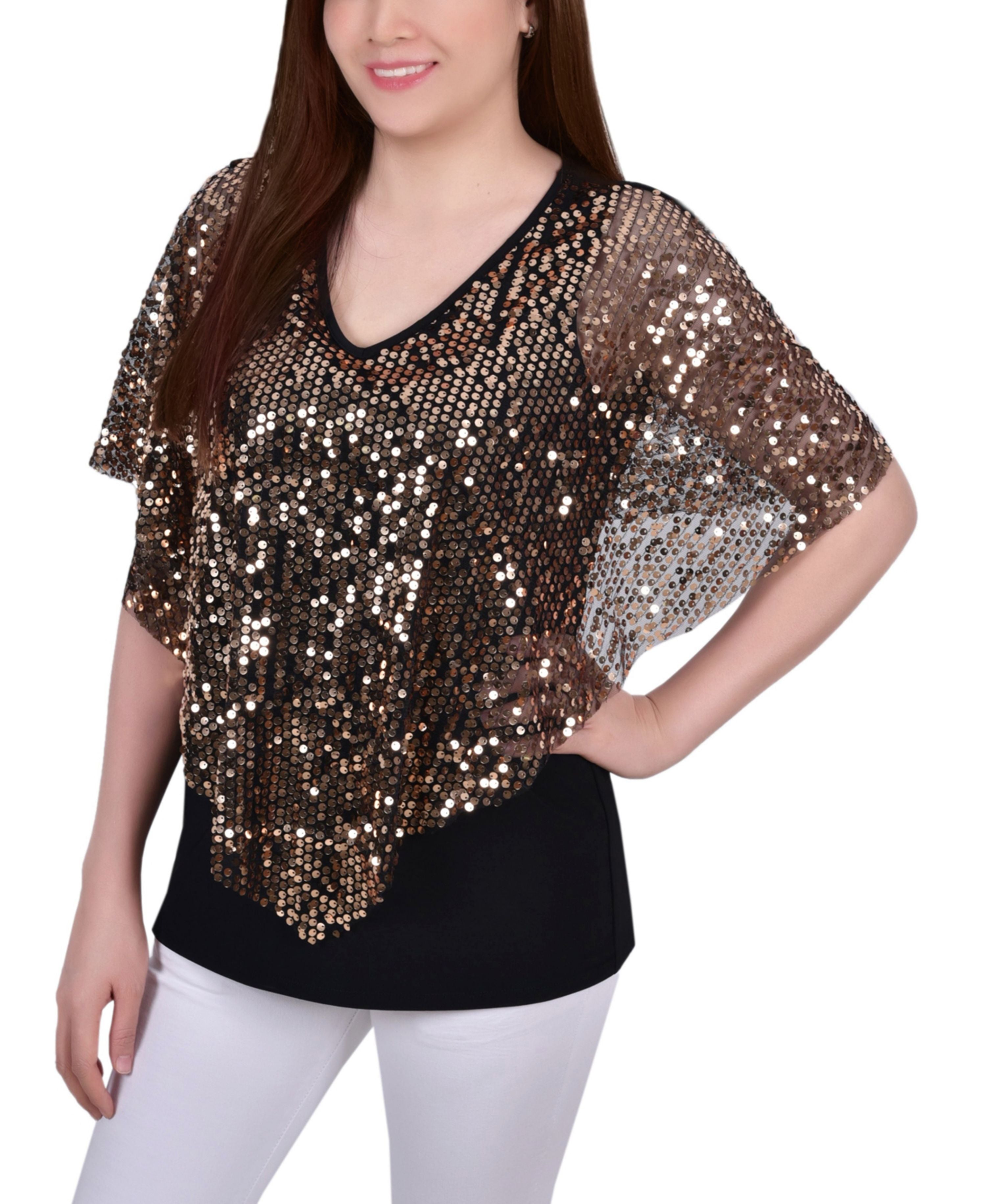 Petite Sequin-Front Poncho Premium Top