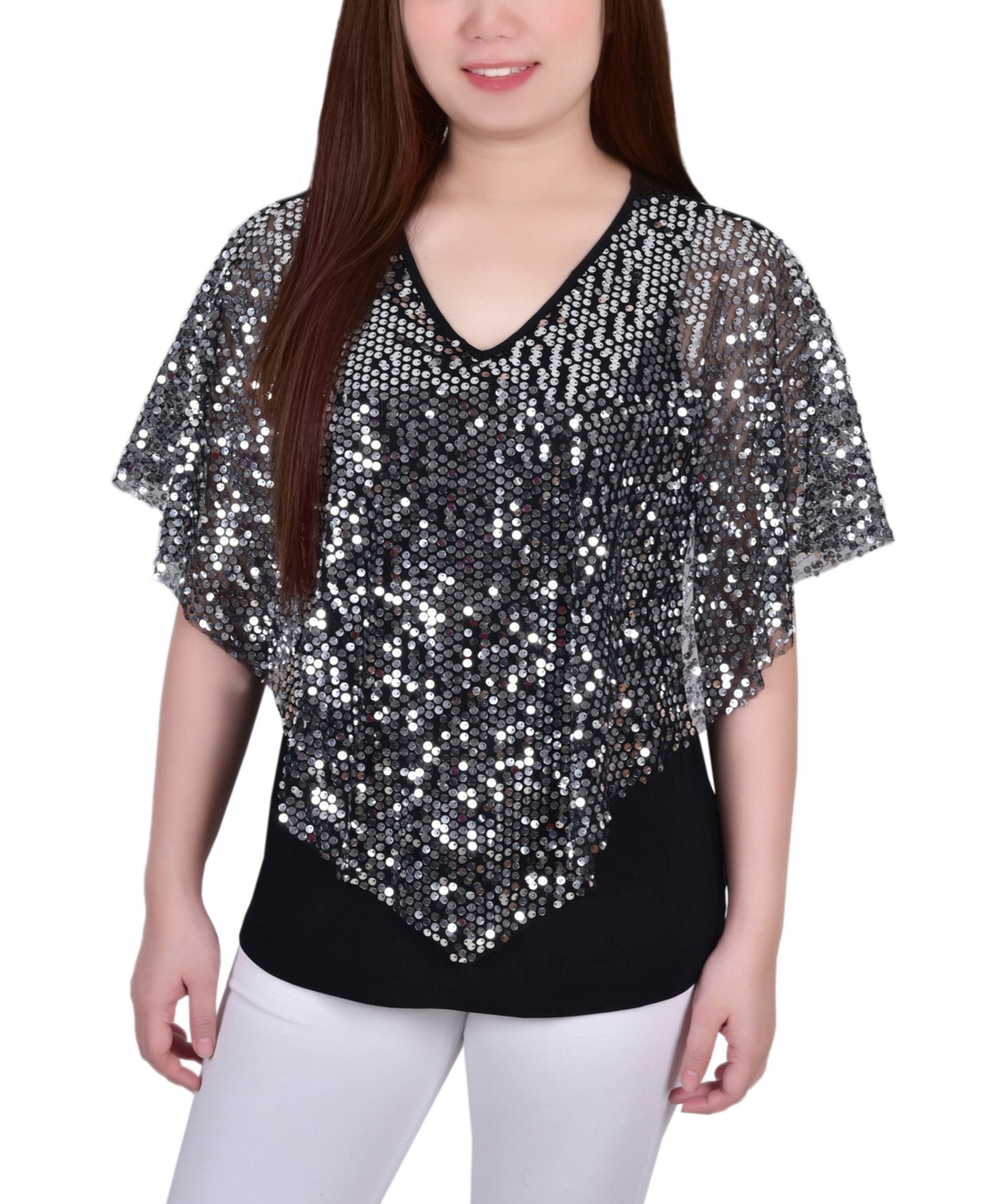 Petite Sequin-Front Poncho Premium Top