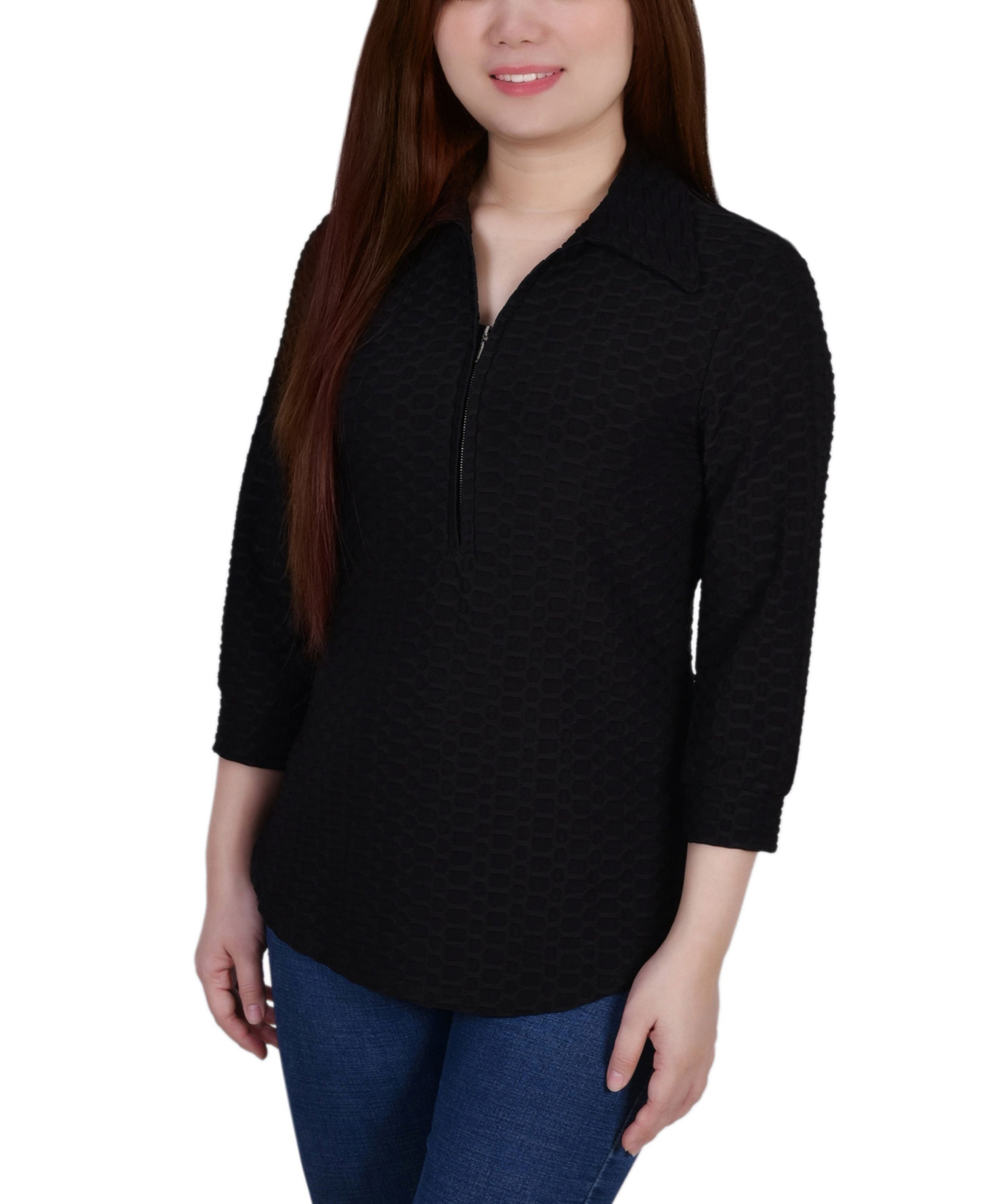 Petite 3/4 Sleeve Honeycomb Half Zip Premium Top