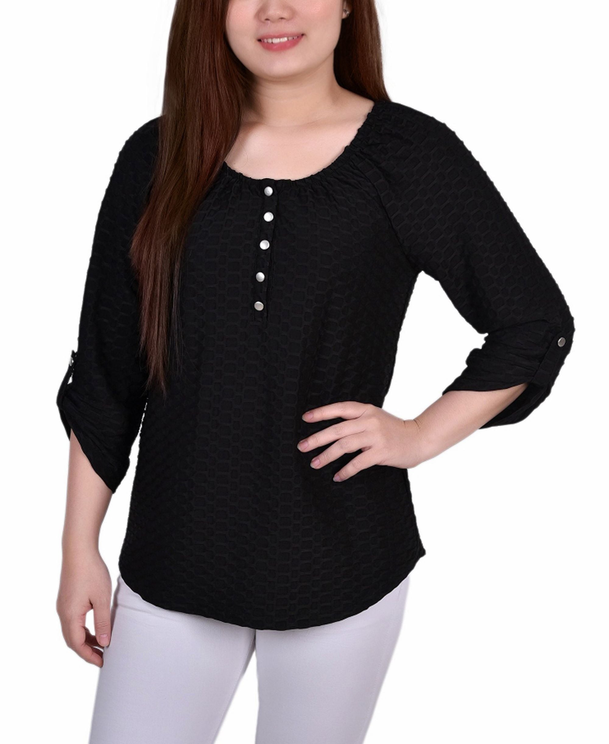 Petite 3/4 Sleeve Honeycomb Henley Premium Top