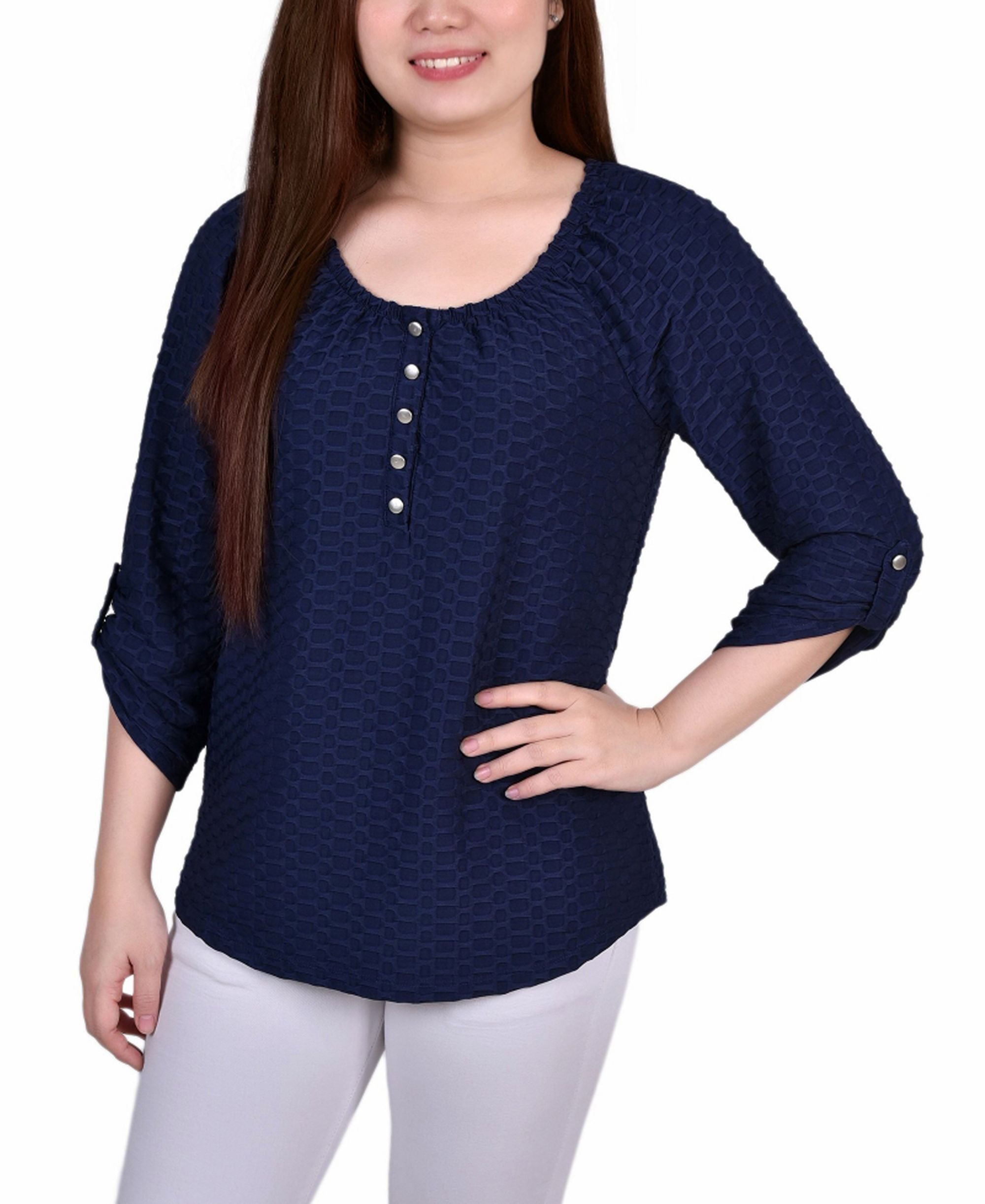 Petite 3/4 Sleeve Honeycomb Henley Premium Top