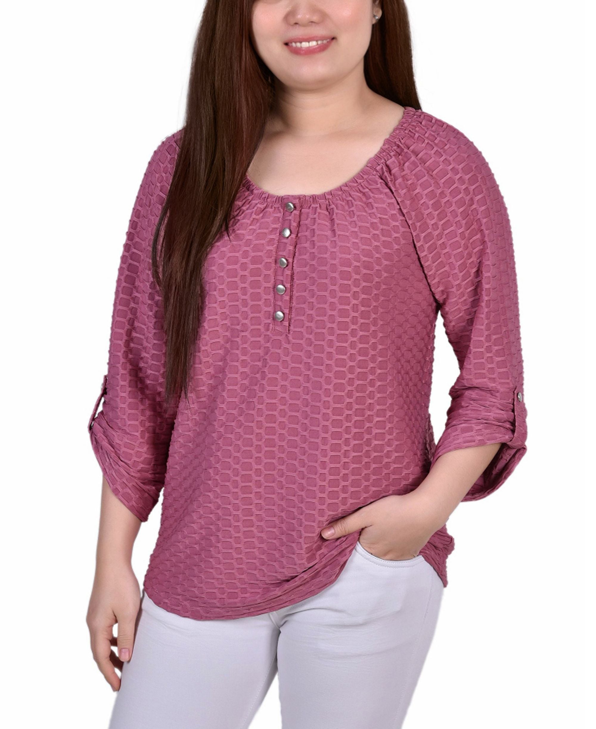 Petite 3/4 Sleeve Honeycomb Henley Premium Top