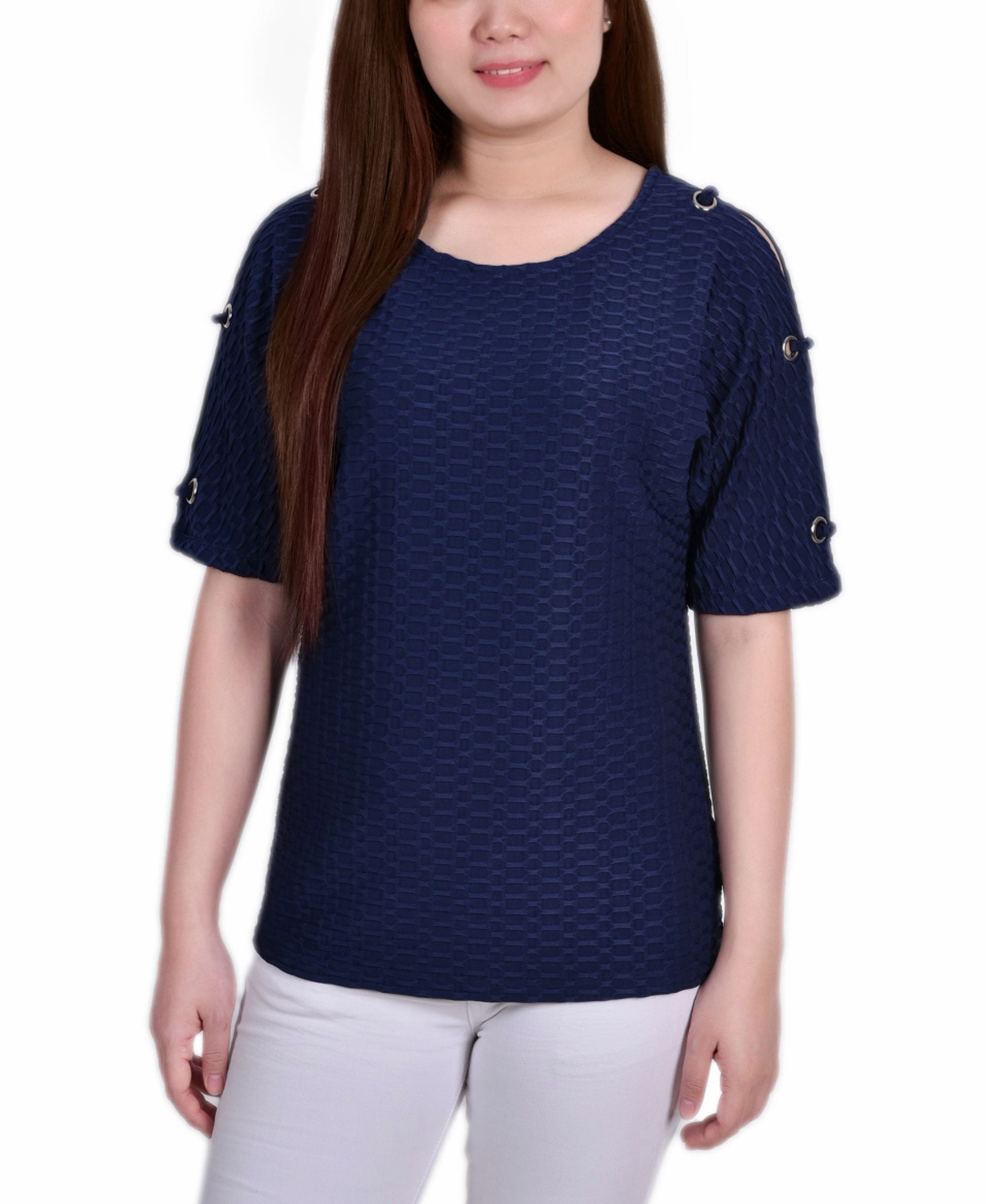 Petite Short-Sleeve Honeycomb Textured Grommet Premium Top