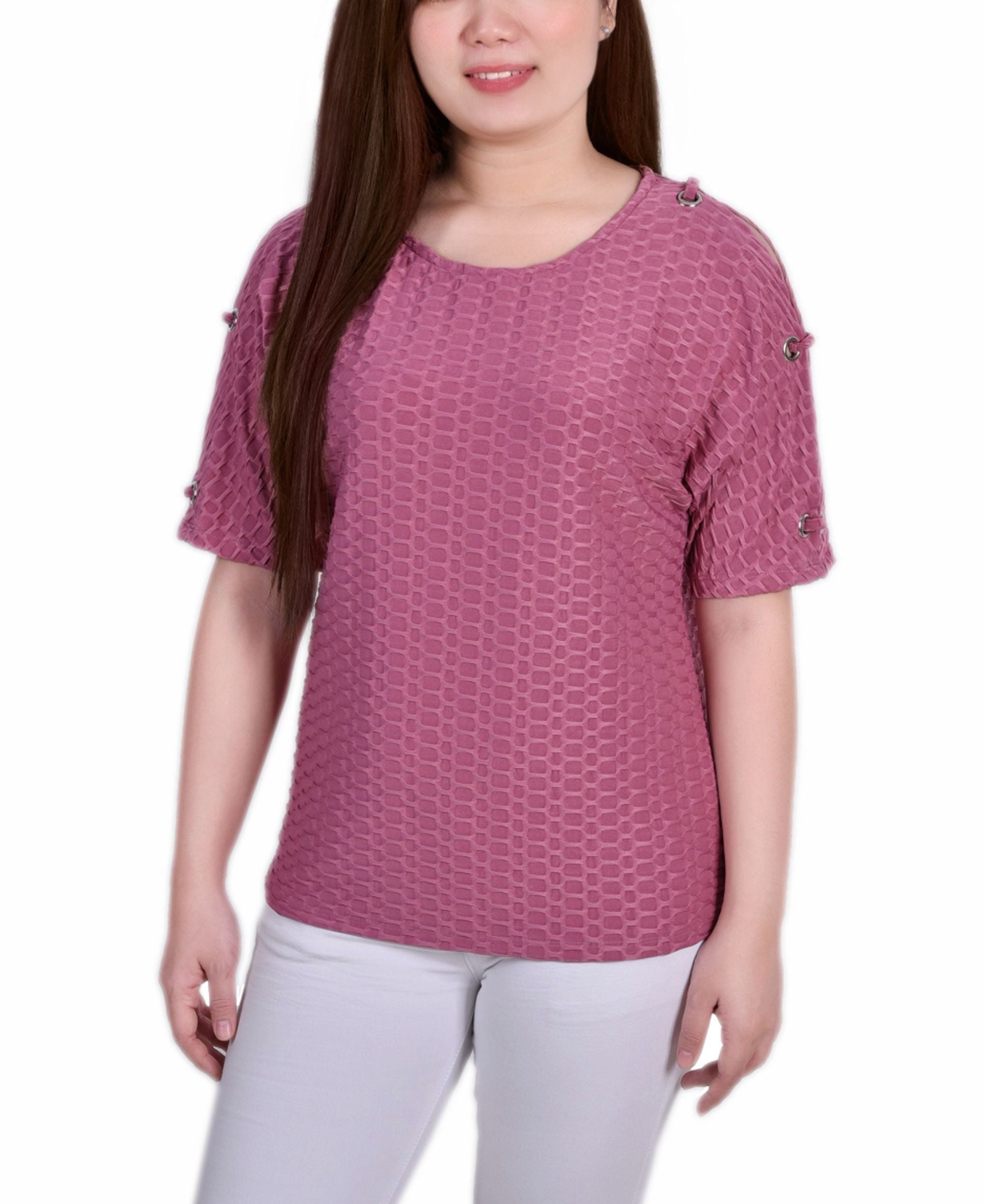 Petite Short-Sleeve Honeycomb Textured Grommet Premium Top