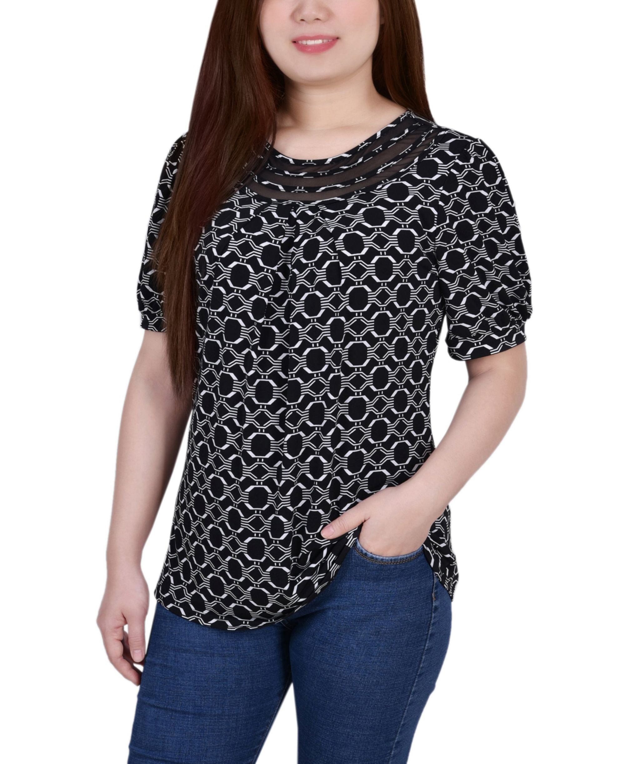 Petite Short Puff-Sleeve Mesh Inset Premium Top