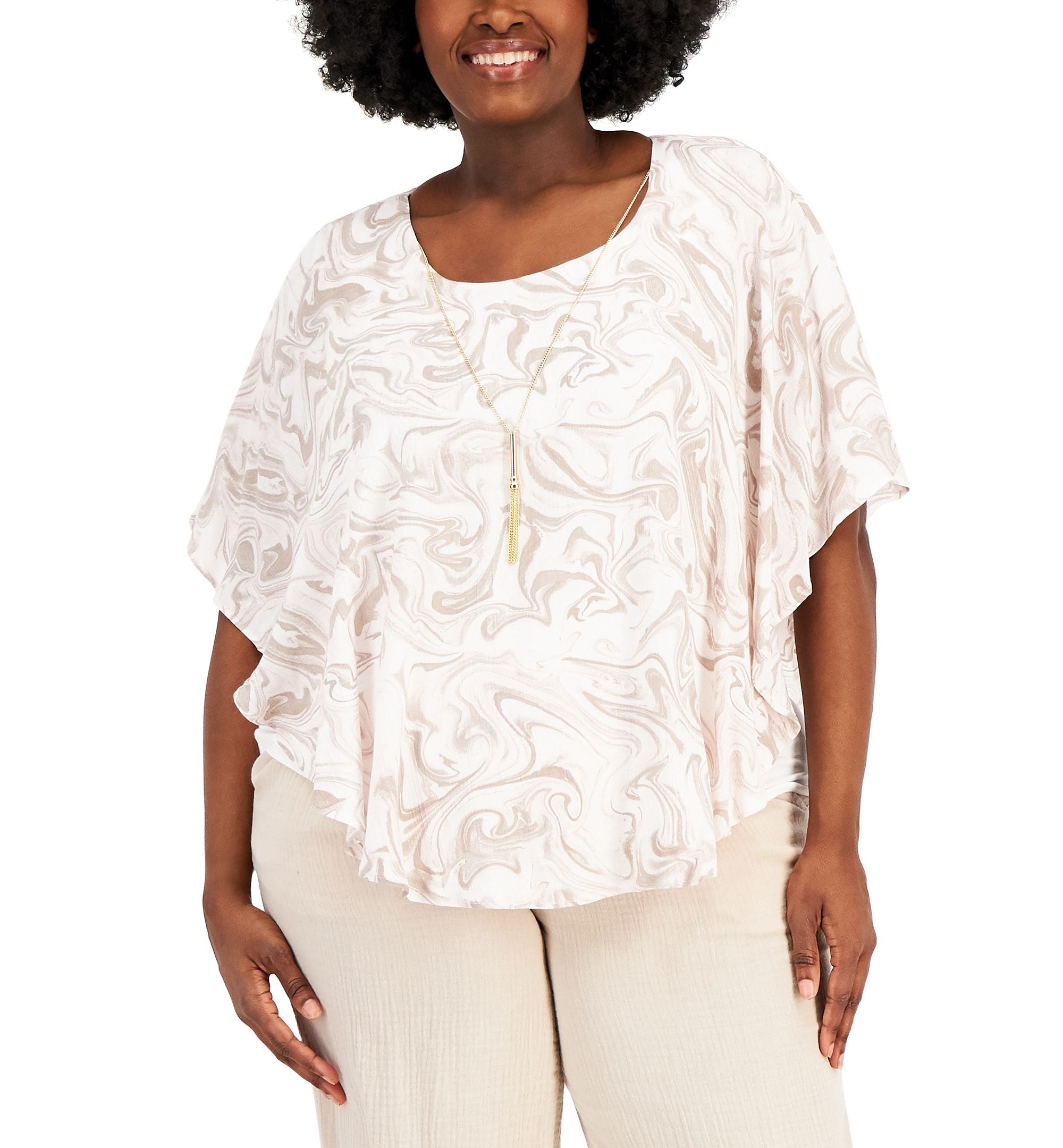 JM Collection Plus Size Printed Necklace Poncho Premium Top