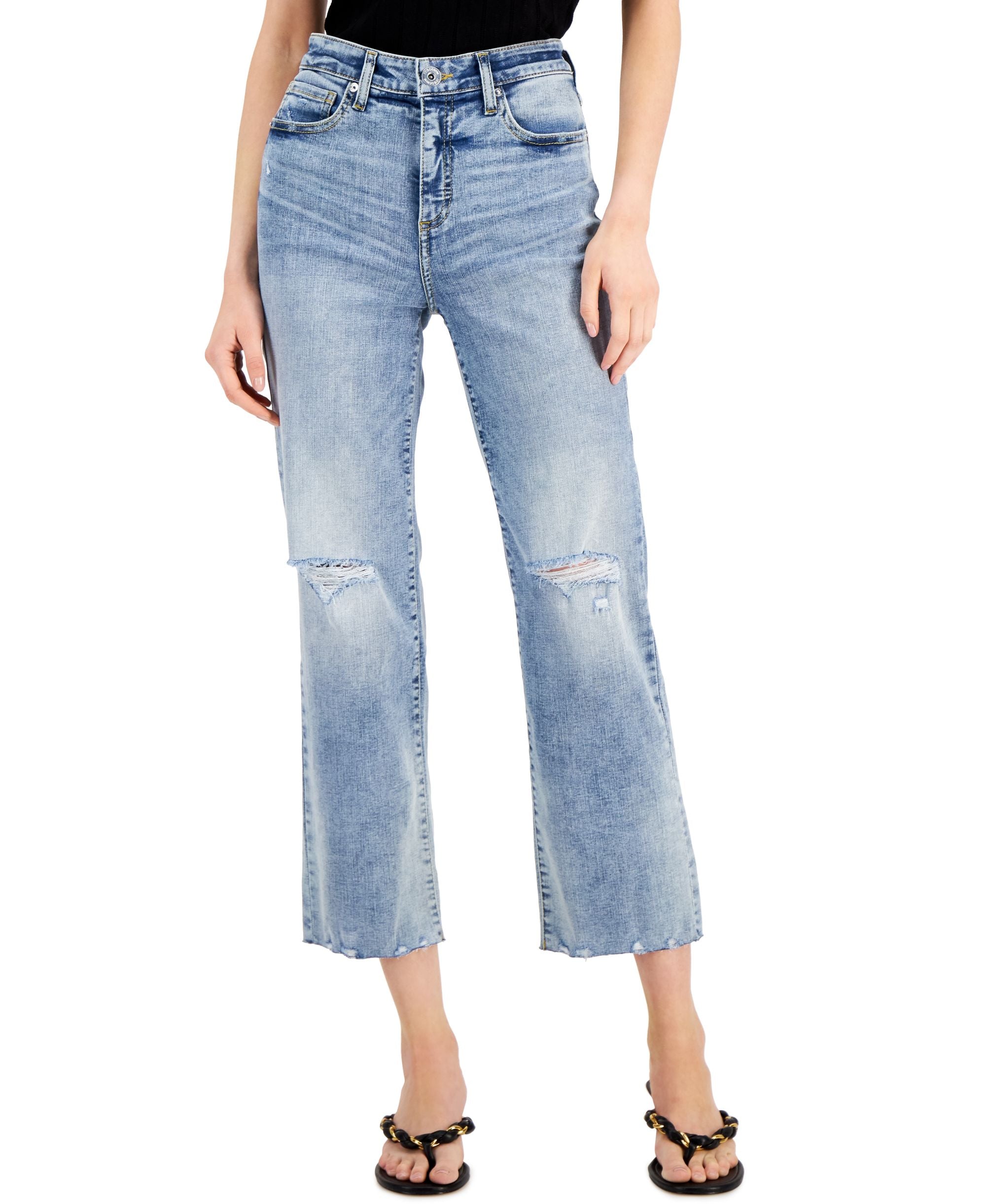 INC International Concepts Womens High Rise Ripped Straight-Cut Premium Jeans