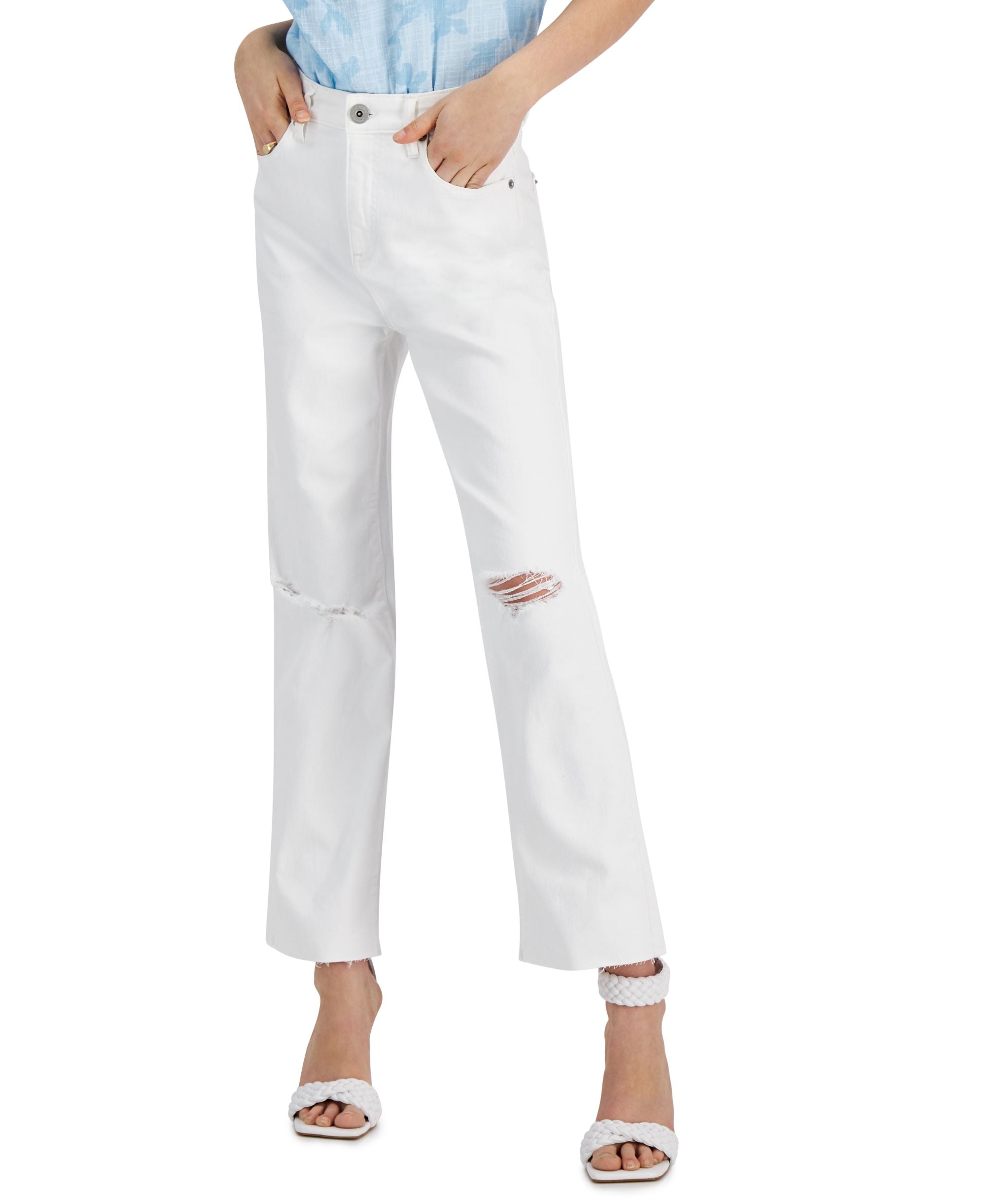 INC International Concepts Womens High Rise Ripped Straight-Cut Premium Jeans
