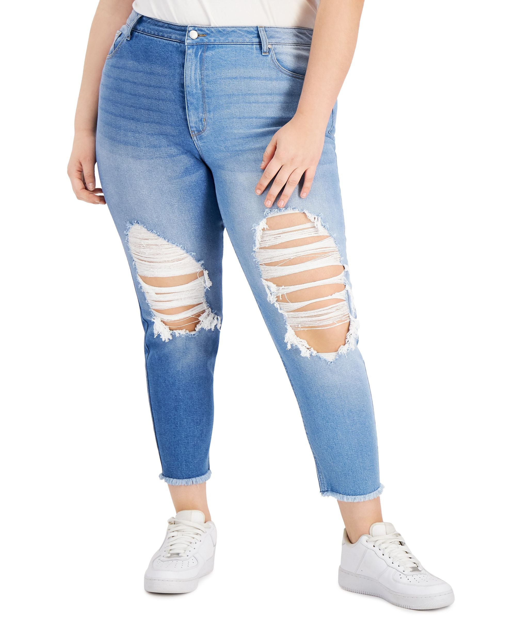 Tinseltown Modern Plus Size Two Tone Destructed Mom Premium Jeans