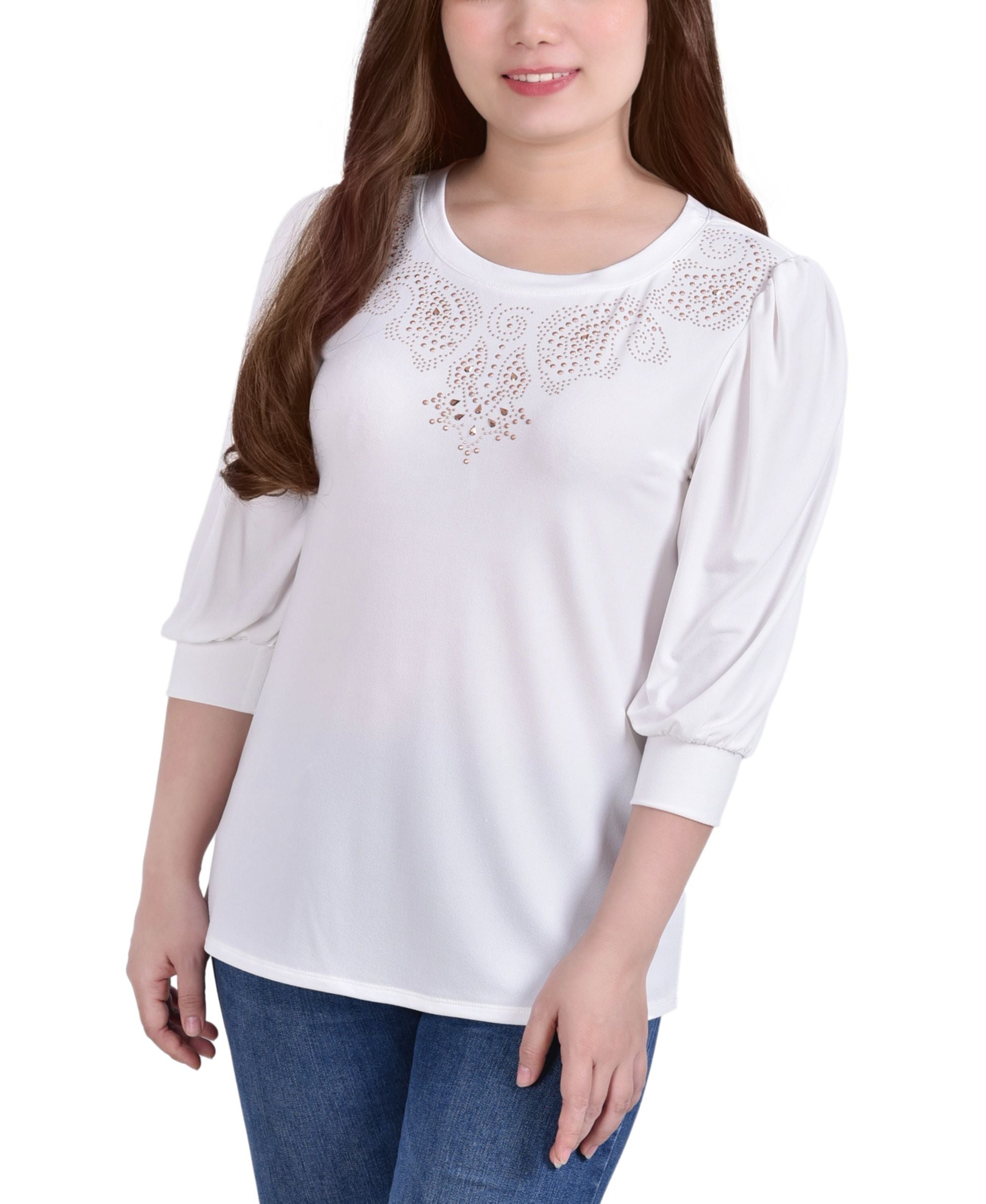 Petite Elbow Sleeve Crepe Studded Front Premium Top