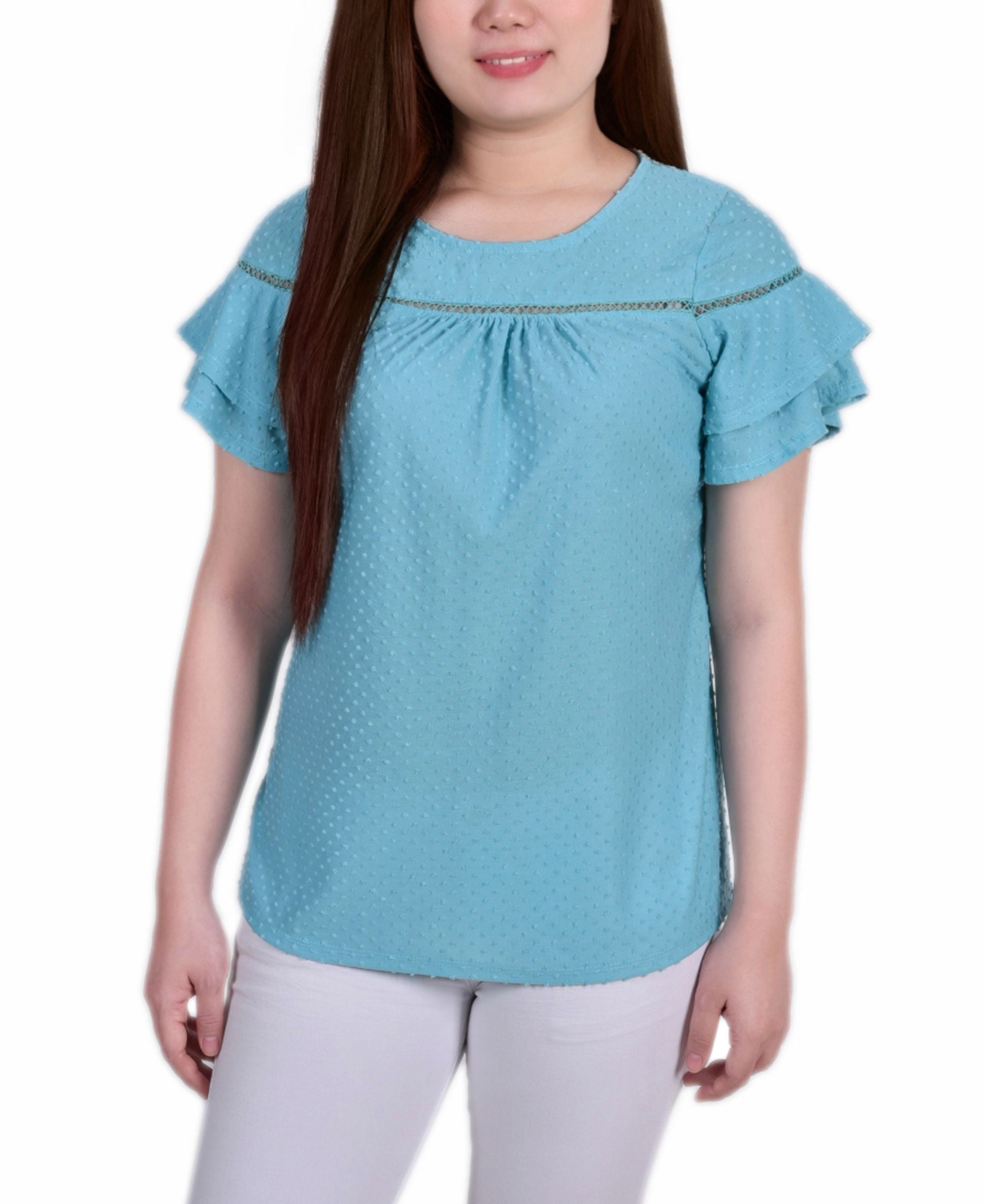 Petite Short Double Flutter-Sleeve Swiss Dot Premium Top