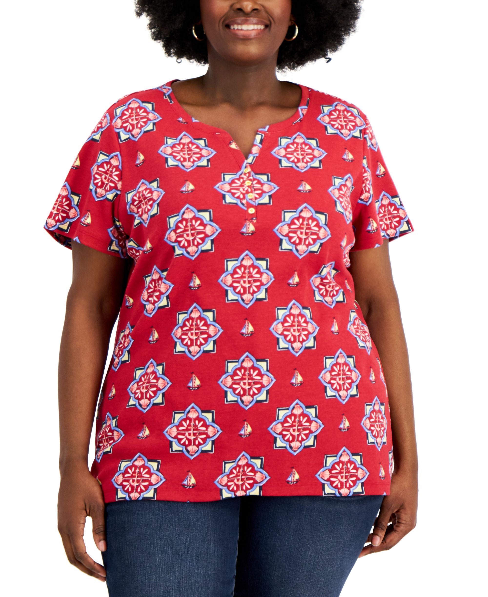 Karen Scott Plus Size Printed Split Neck Henley Premium Top