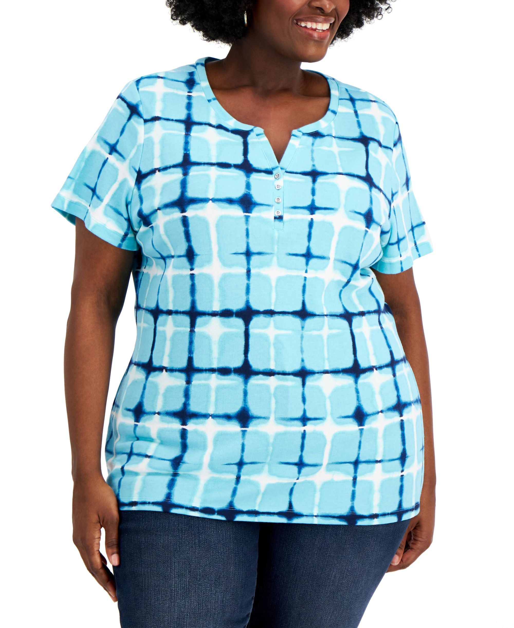 Karen Scott Plus Size Printed Split Neck Henley Premium Top