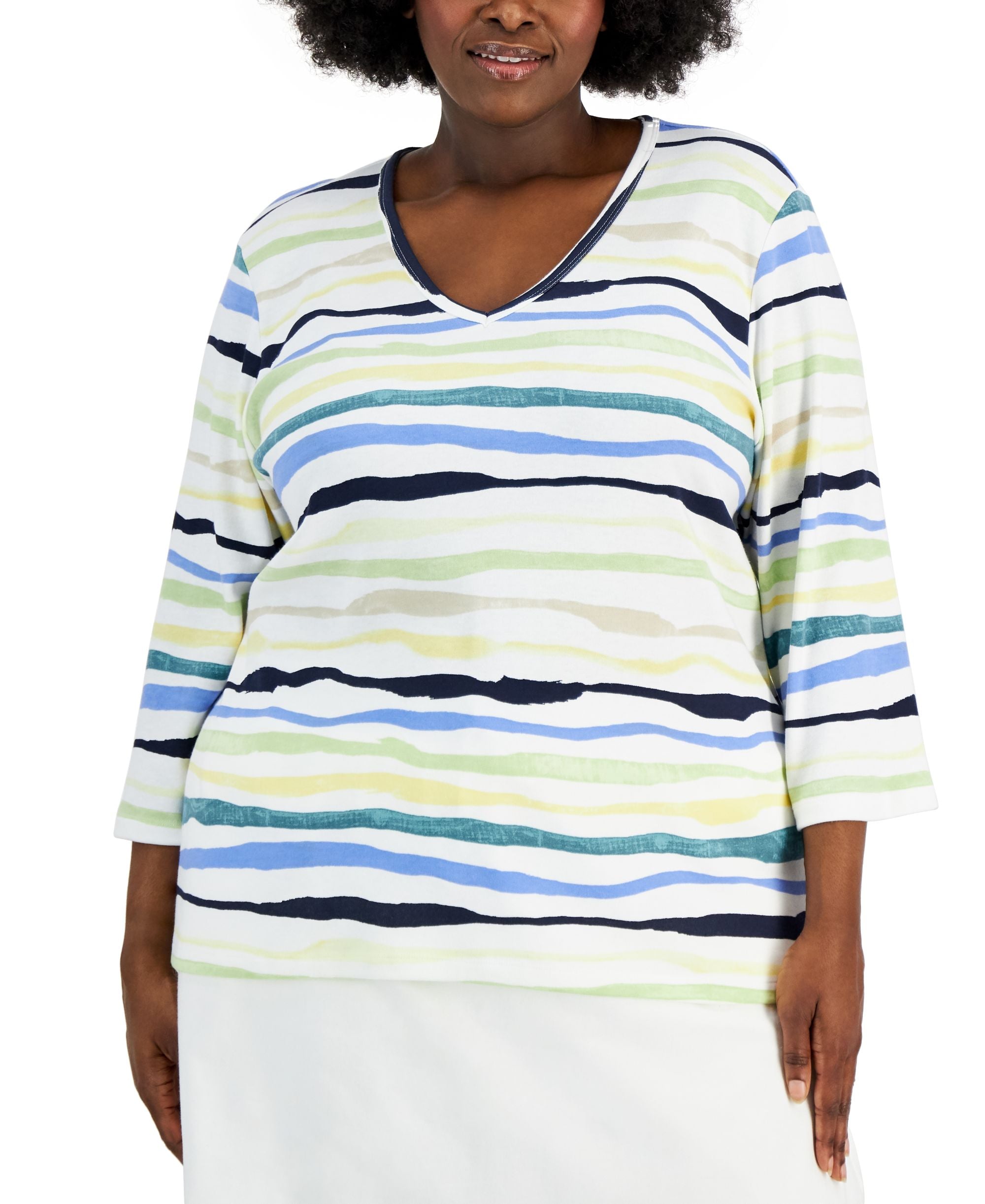 Karen Scott Plus Size Sasha Stripe 3/4 Sleeve Premium Top