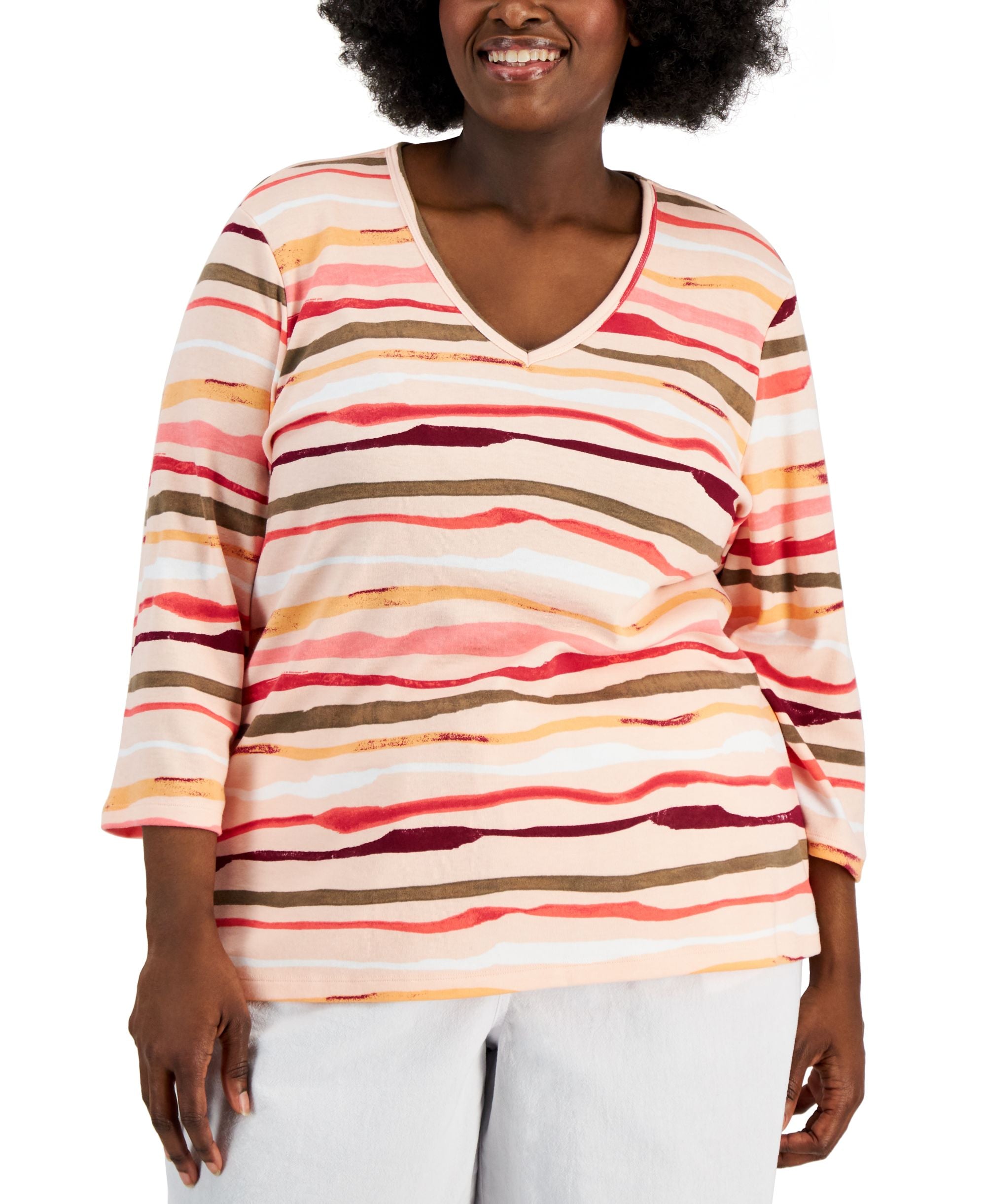 Karen Scott Plus Size Sasha Stripe 3/4 Sleeve Premium Top