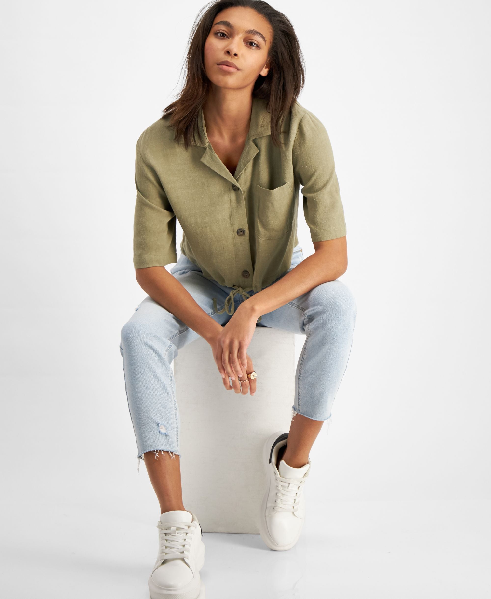 Now This Womens Tie Hem Cropped Modern Shirt