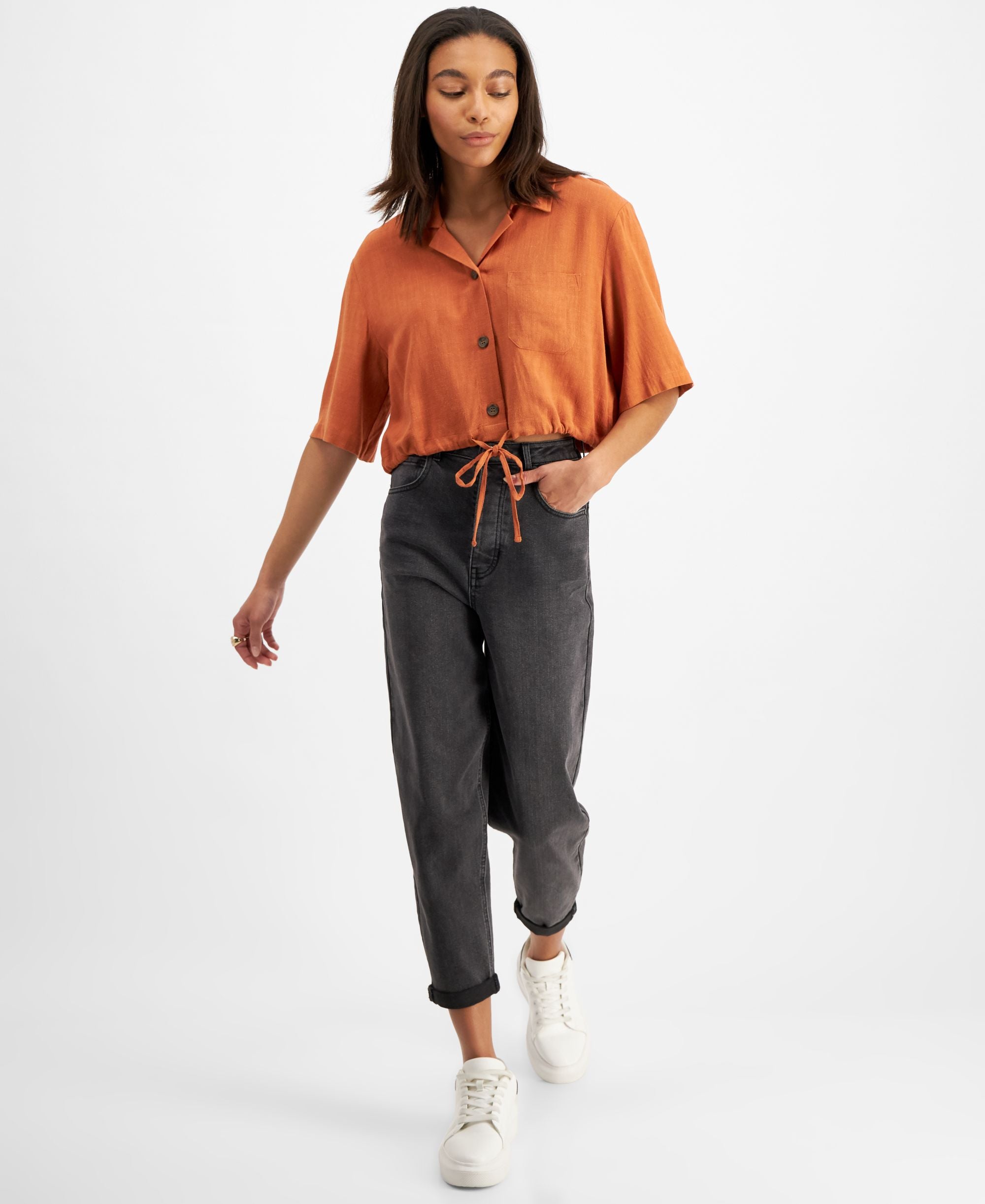 Now This Womens Tie Hem Cropped Modern Shirt