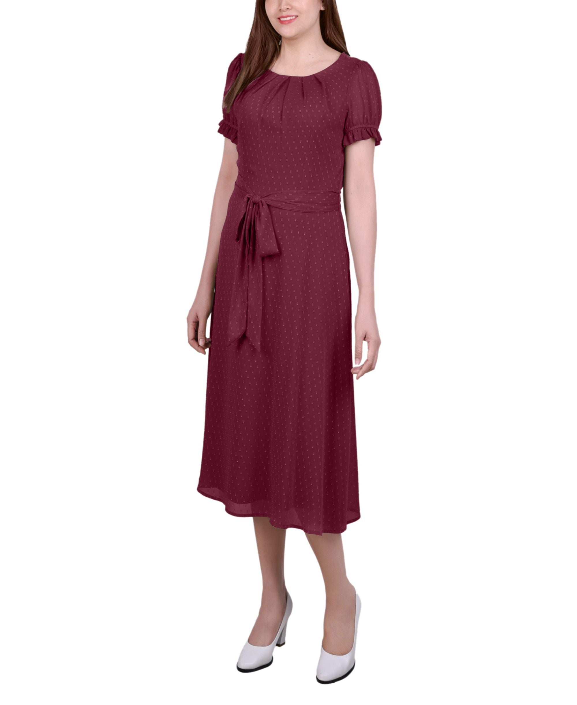 Petite Short-Sleeve Belted Swiss Dot Dress