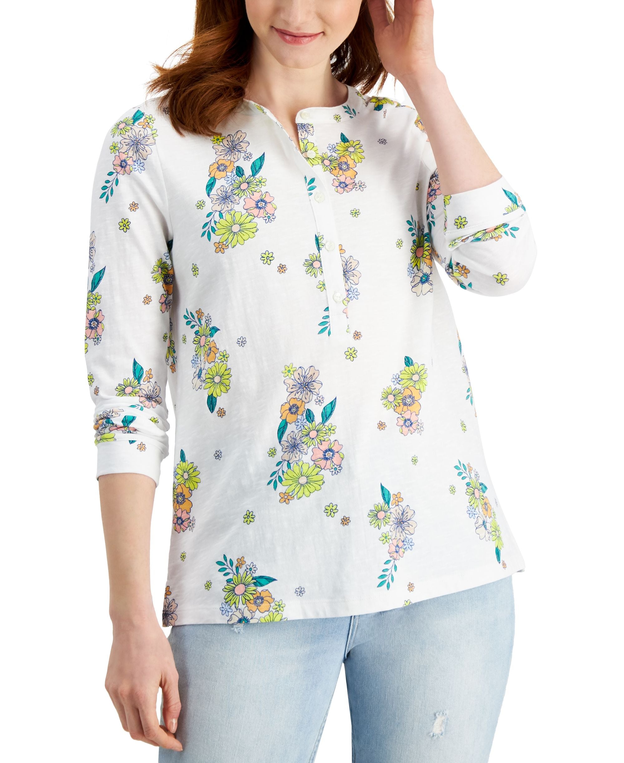 Style & Co Cotton Printed Henley Premium Top
