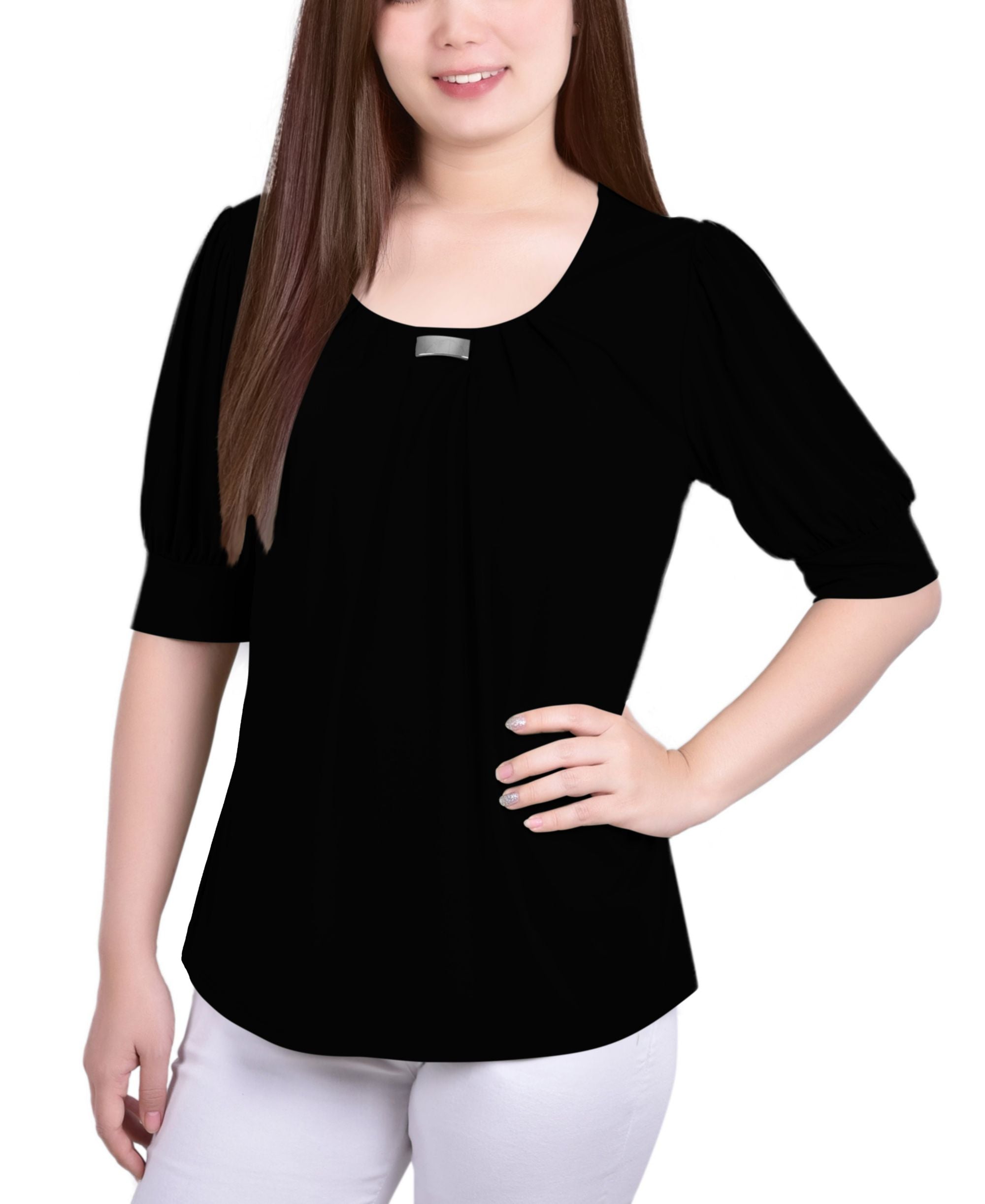Women's Short Balloon Sleeve Premium Top with Hardware