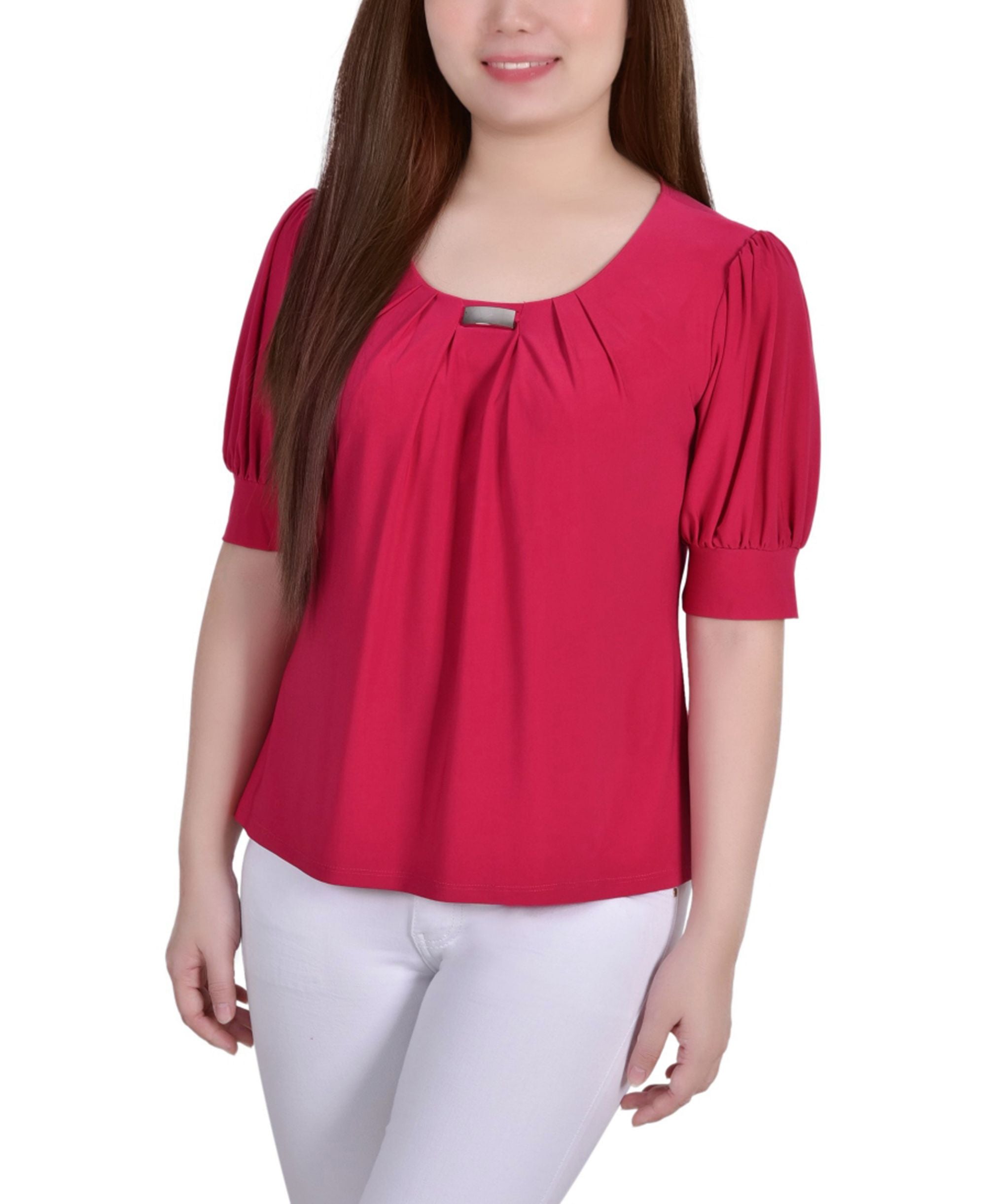 Women's Short Balloon Sleeve Premium Top with Hardware