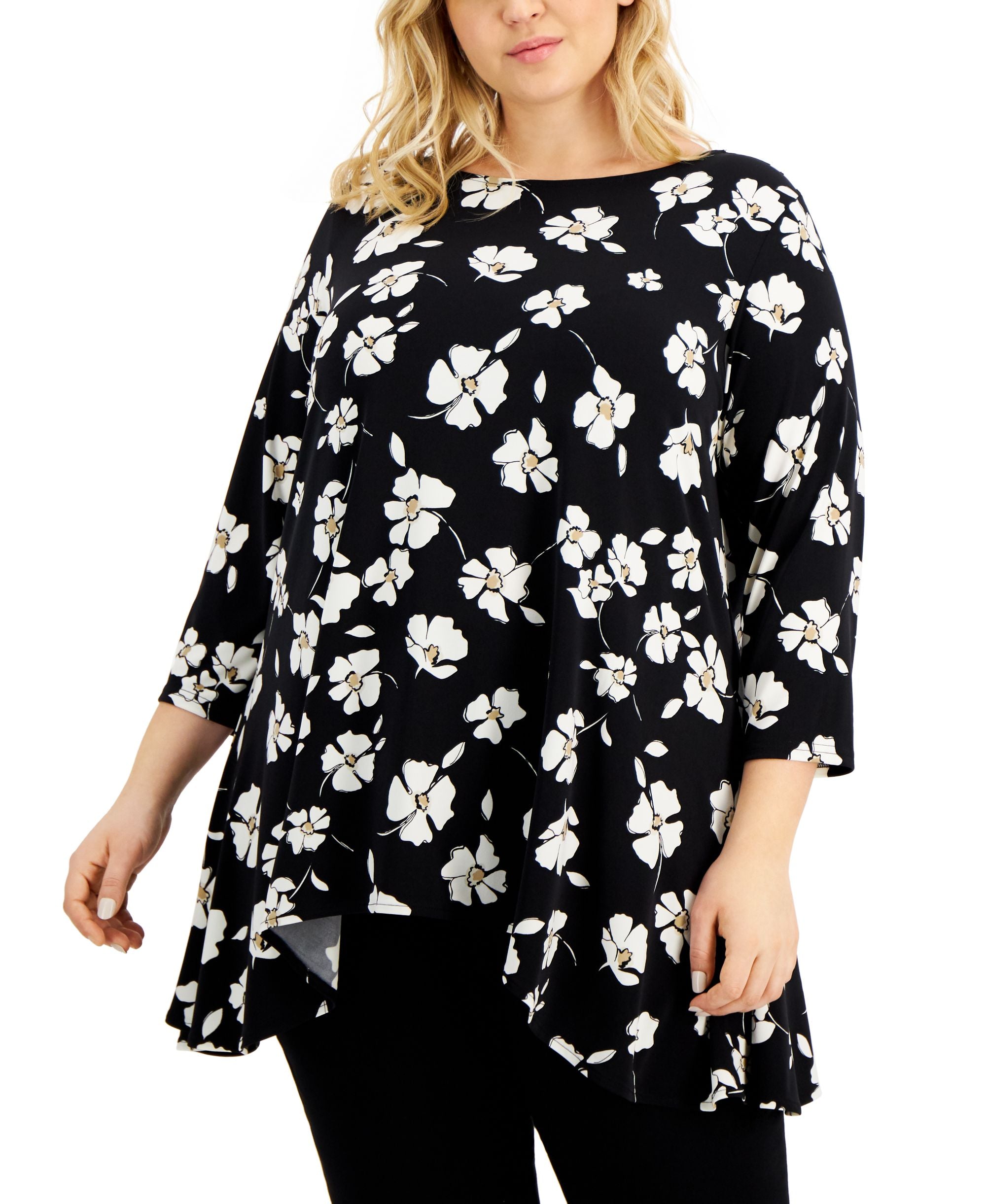 Alfani Plus Size Printed Asymmetrical Hem Tunic Premium Top