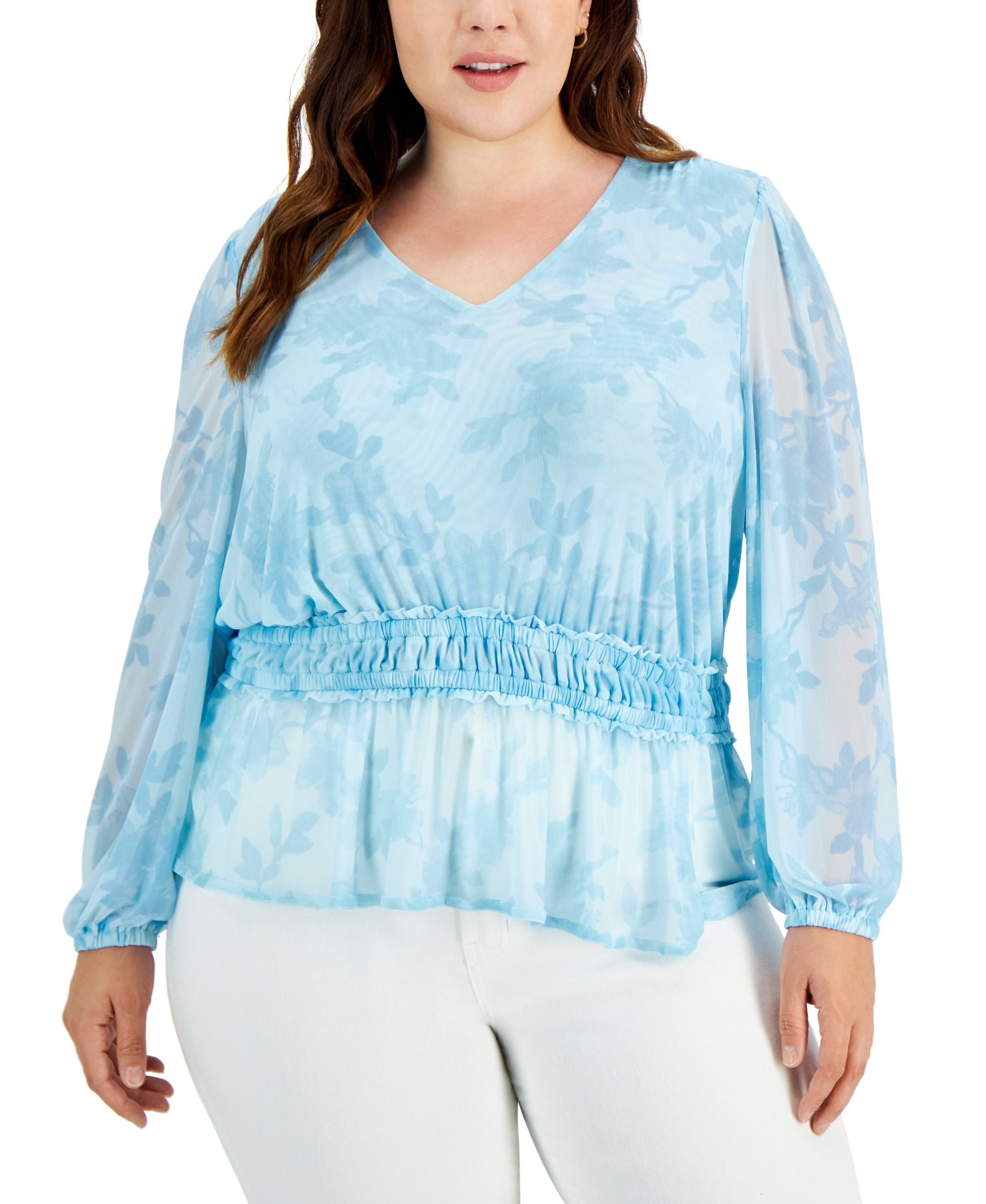 INC International Concepts Plus Size Printed Mesh Peplum Premium Top