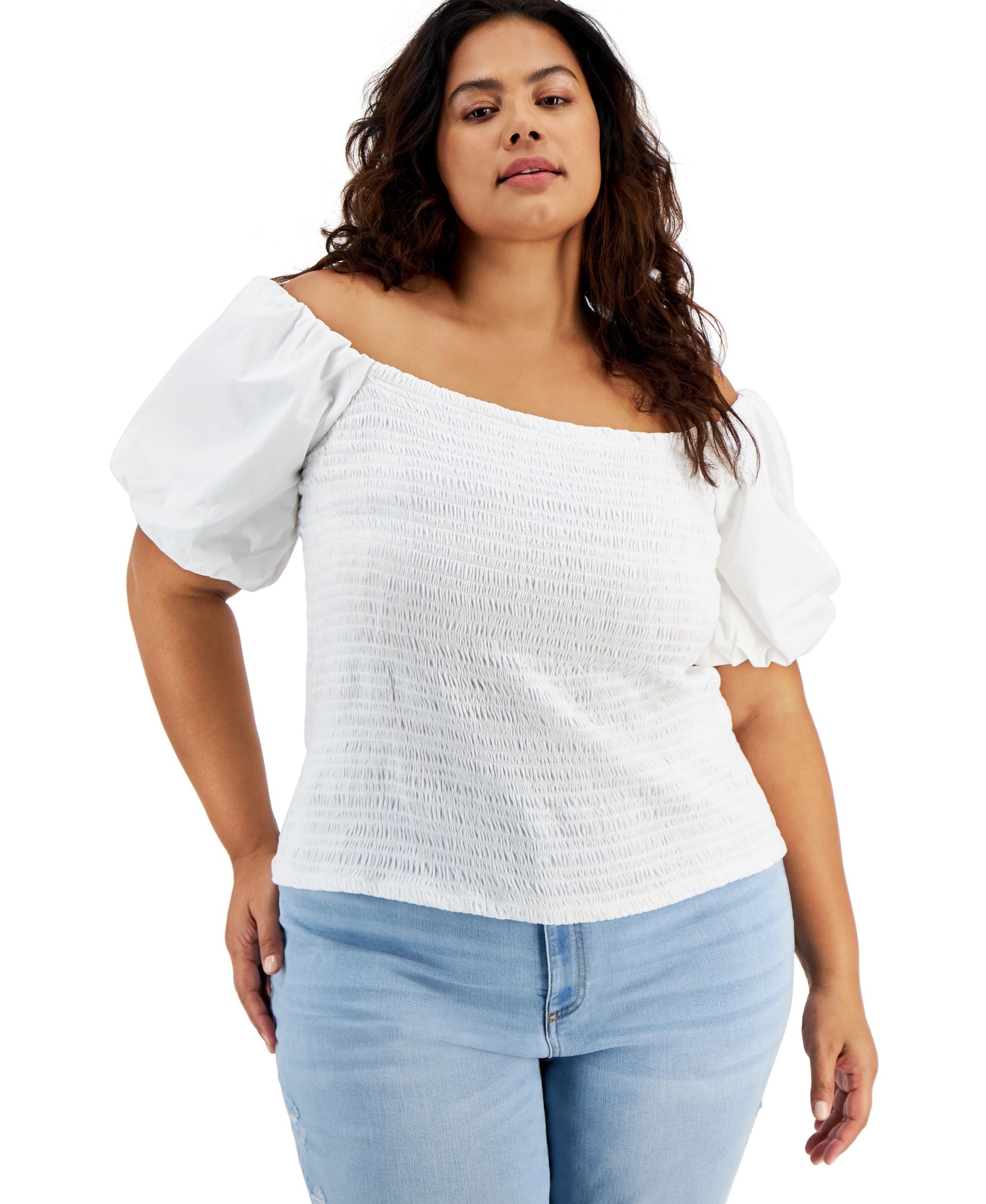 INC International Concepts Plus Size Smocked Off The Shoulder Premium Top