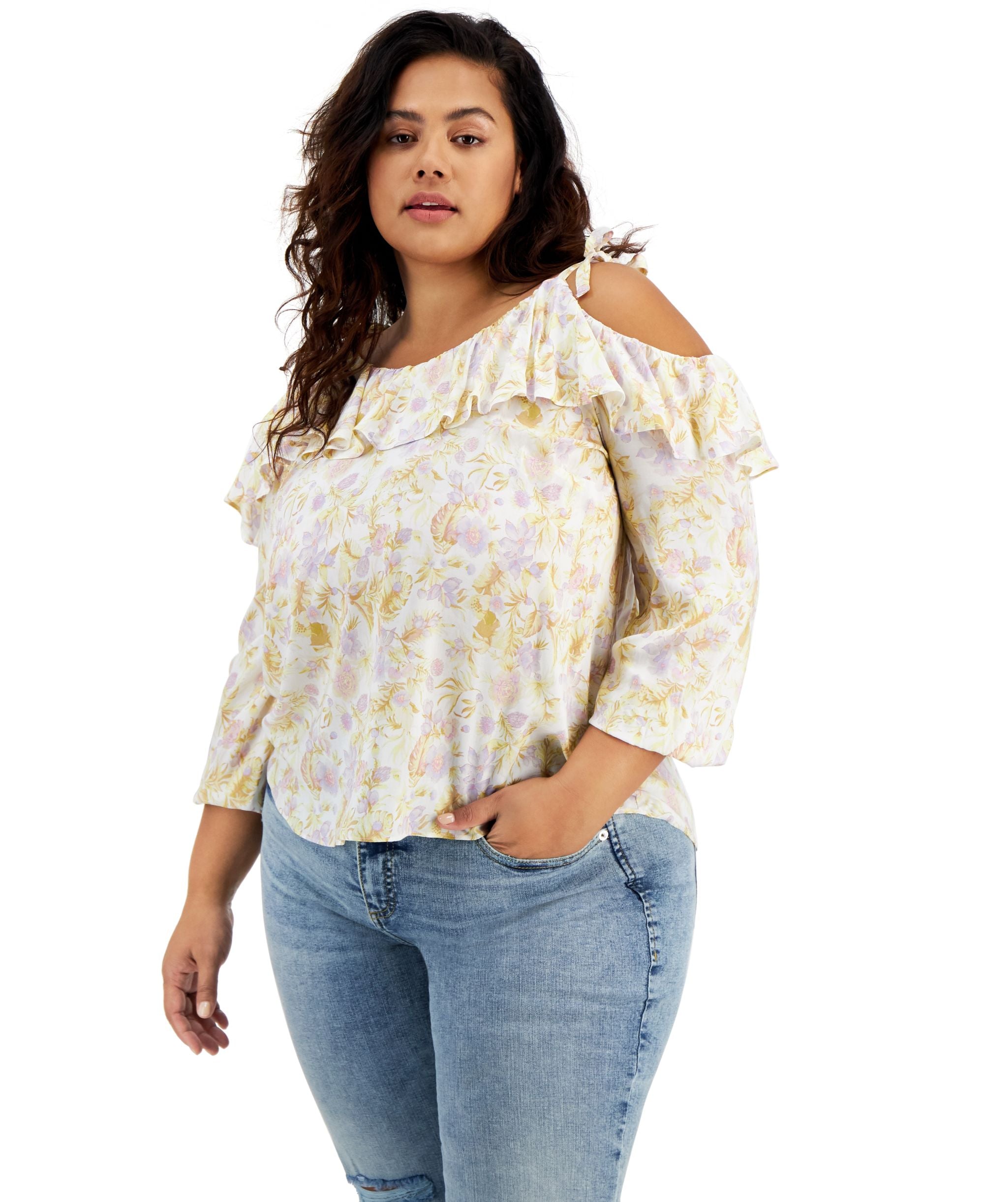 INC International Concepts Plus Size Cold Shoulder Ruffle Trim Premium Top