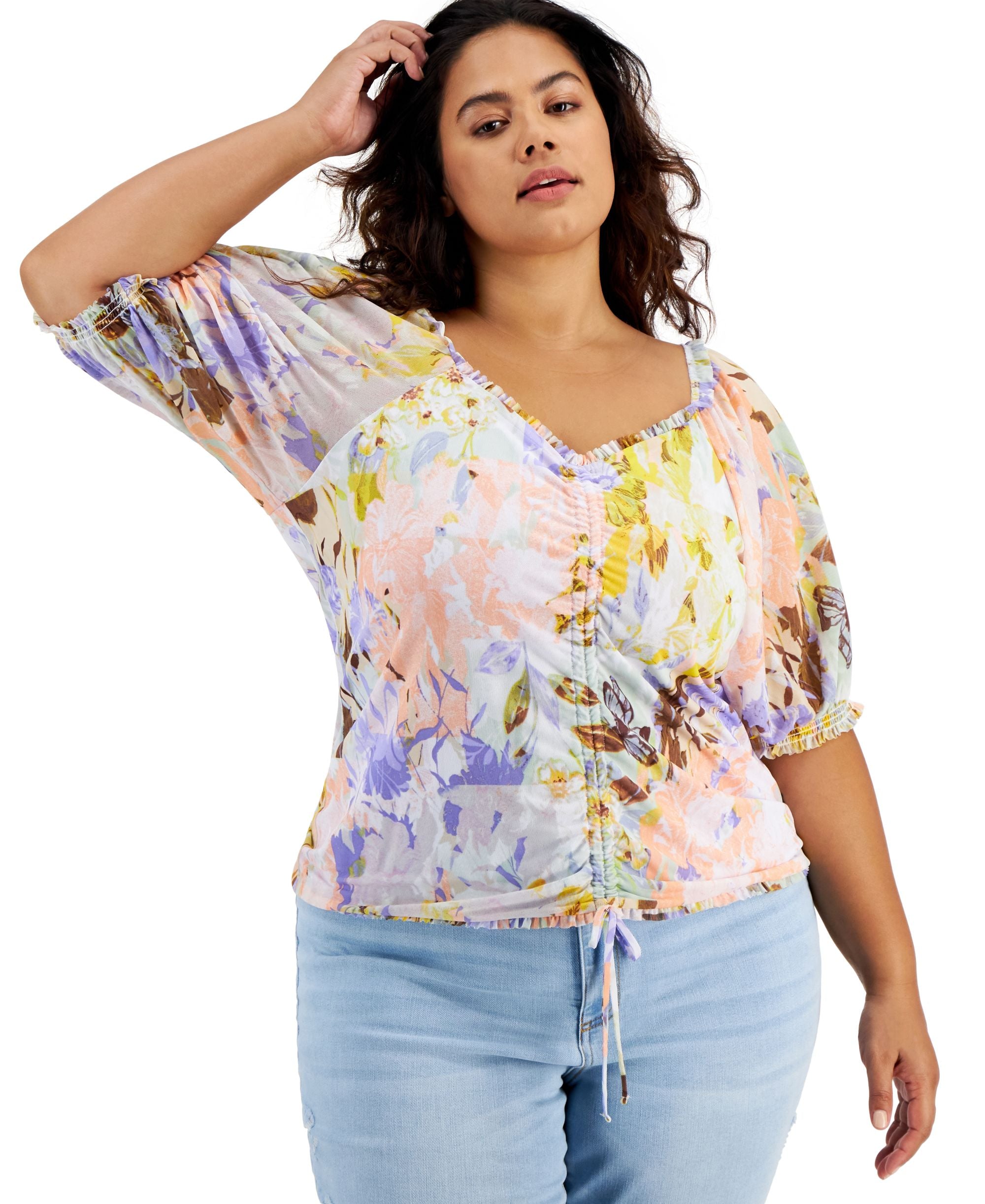 INC International Concepts Plus Size Printed Mesh Puff-Sleeve Ruched Premium Top