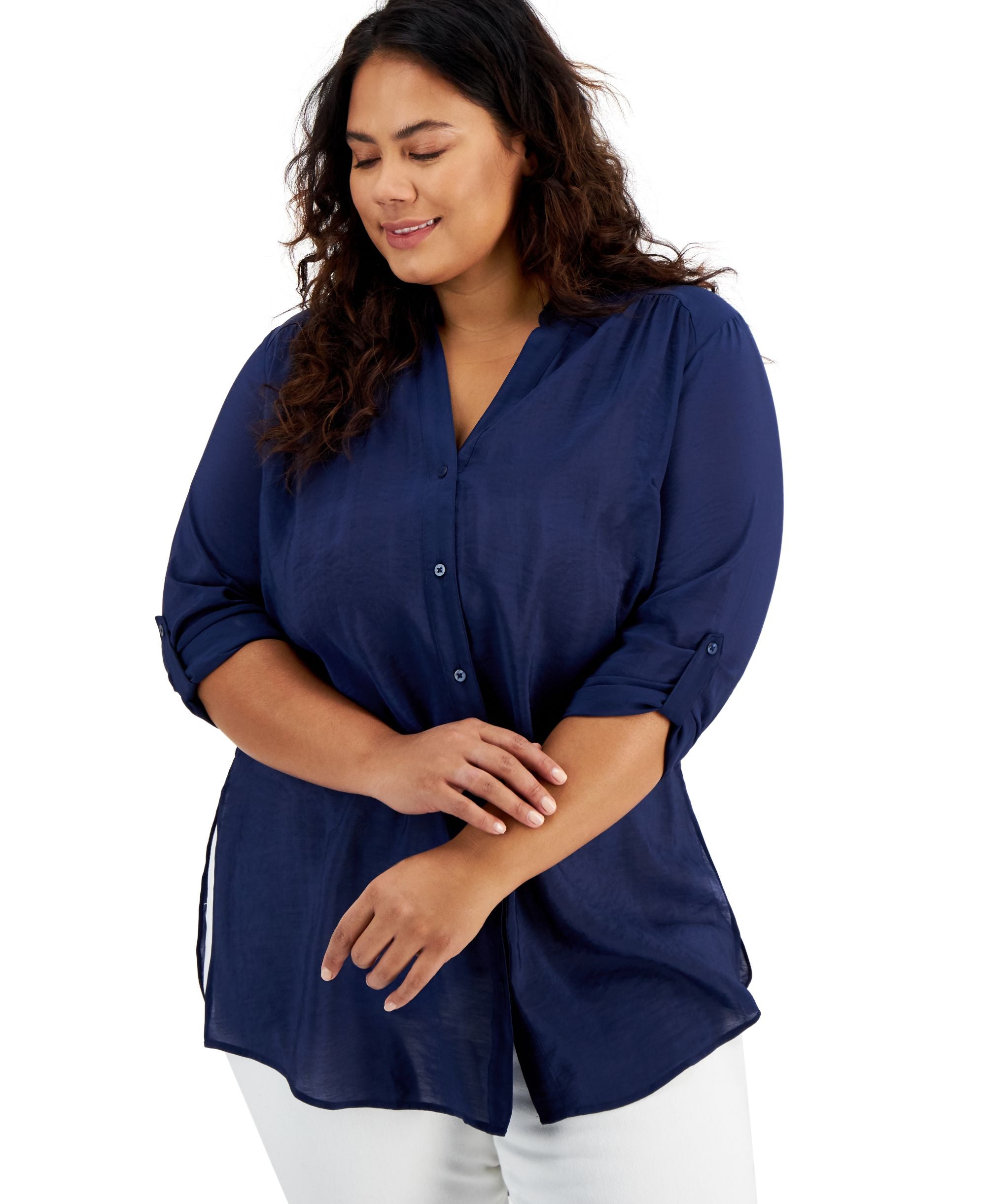 INC International Concepts Plus Size High Low Satin Modern Shirt