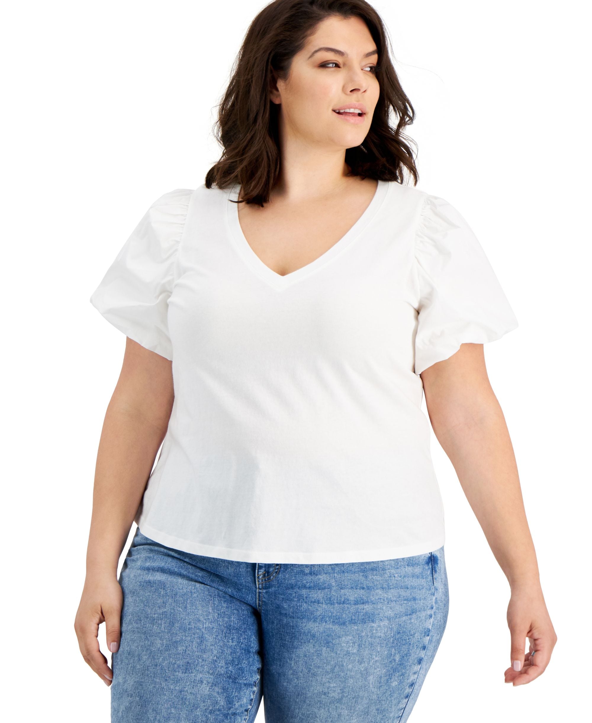 INC International Concepts Plus Size Poplin Sleeve V Neck Premium Top