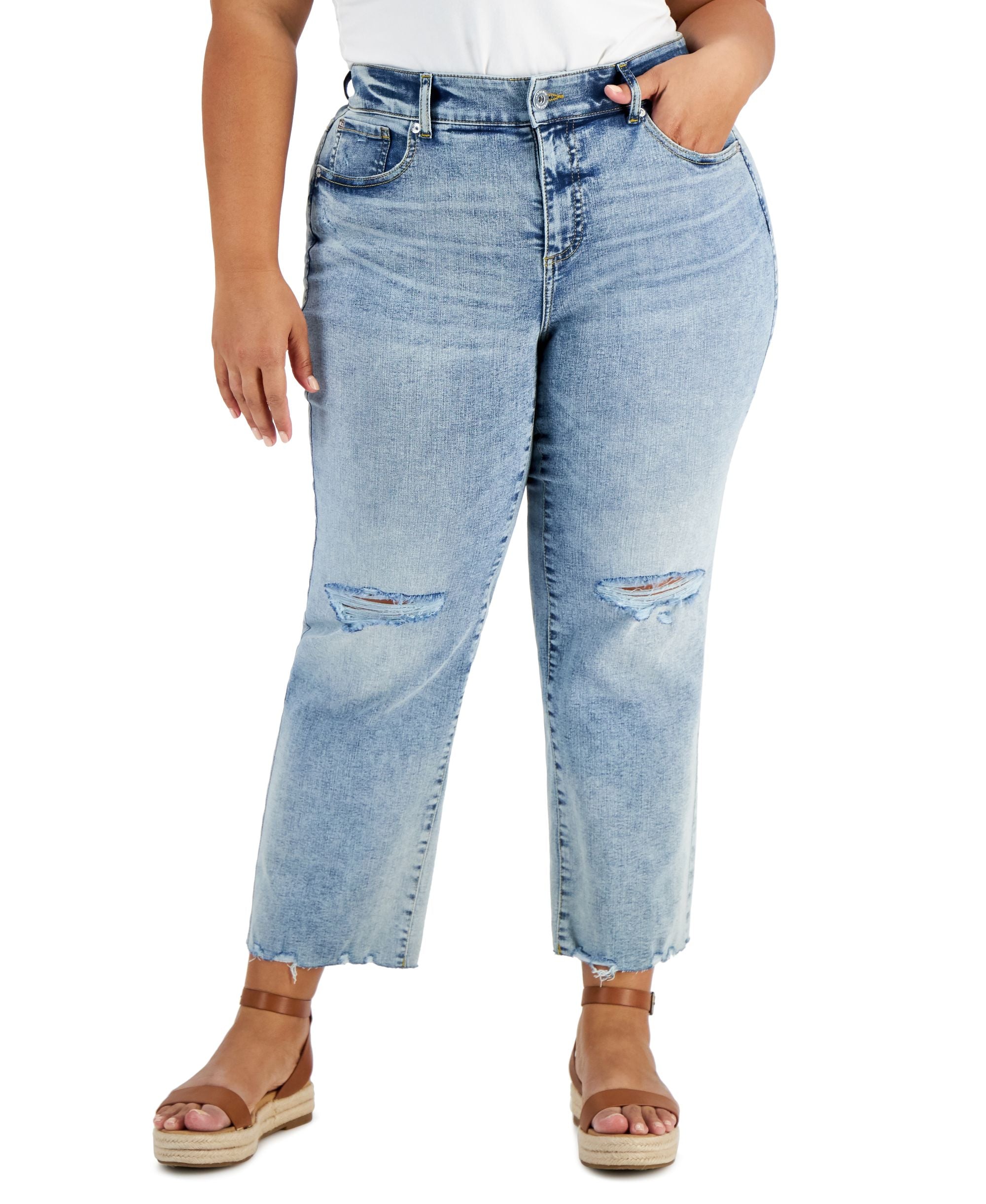 INC International Concepts Plus Size Ripped Straight-Cut Premium Jeans