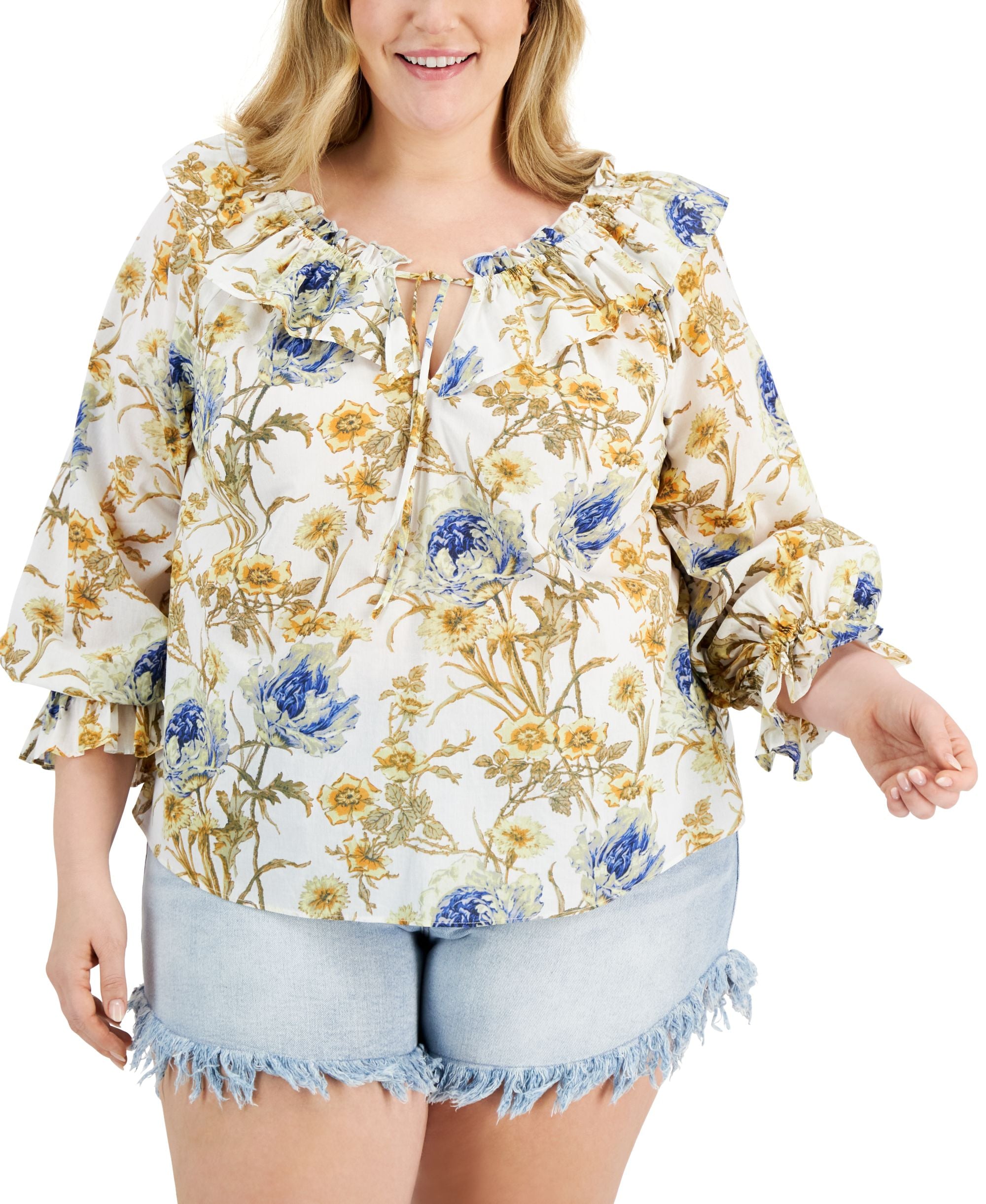 INC International Concepts Plus Size Cotton Ruffled Signature Blouse