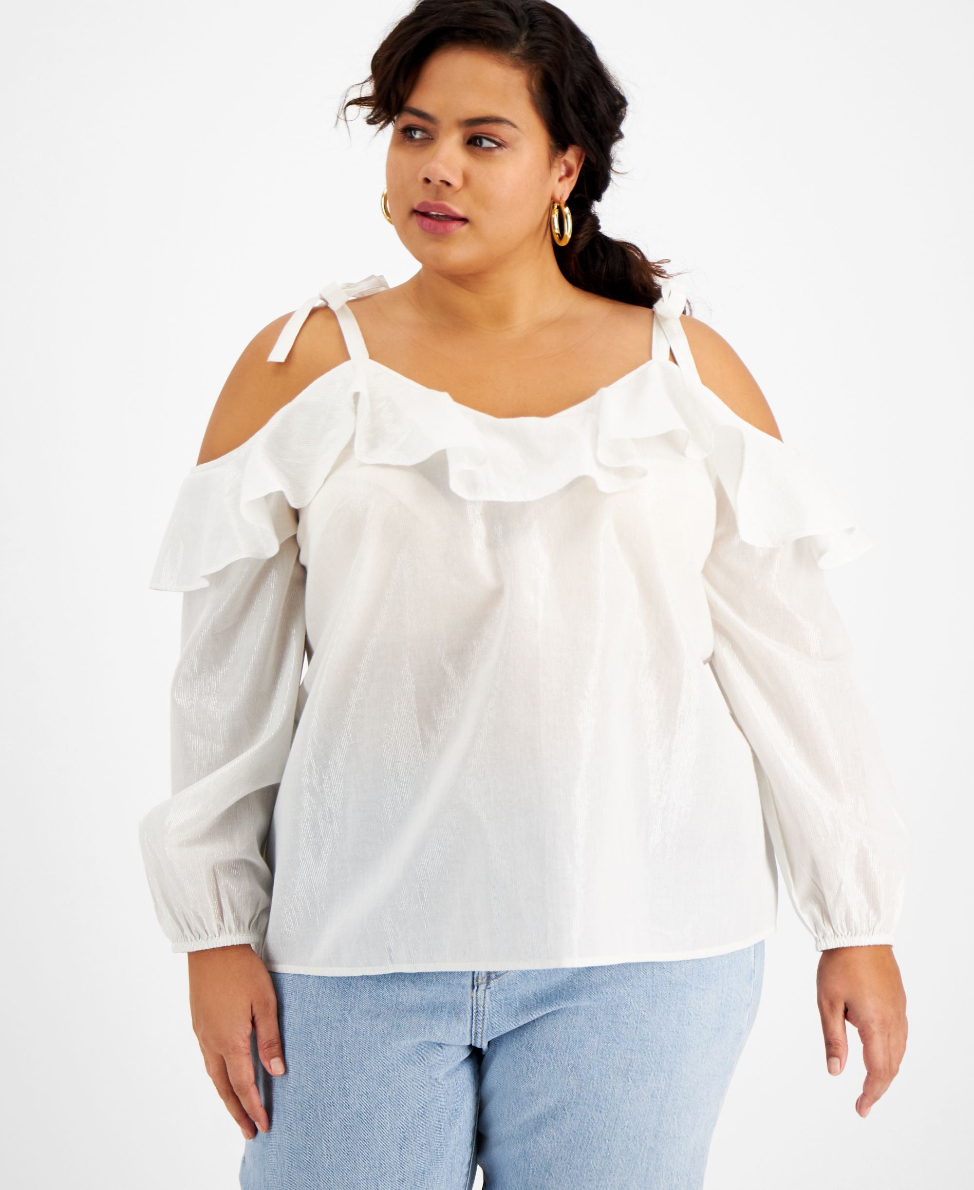 Inc International Concepts Plus Size Ruffled Cold-Shoulder Signature Blouse
