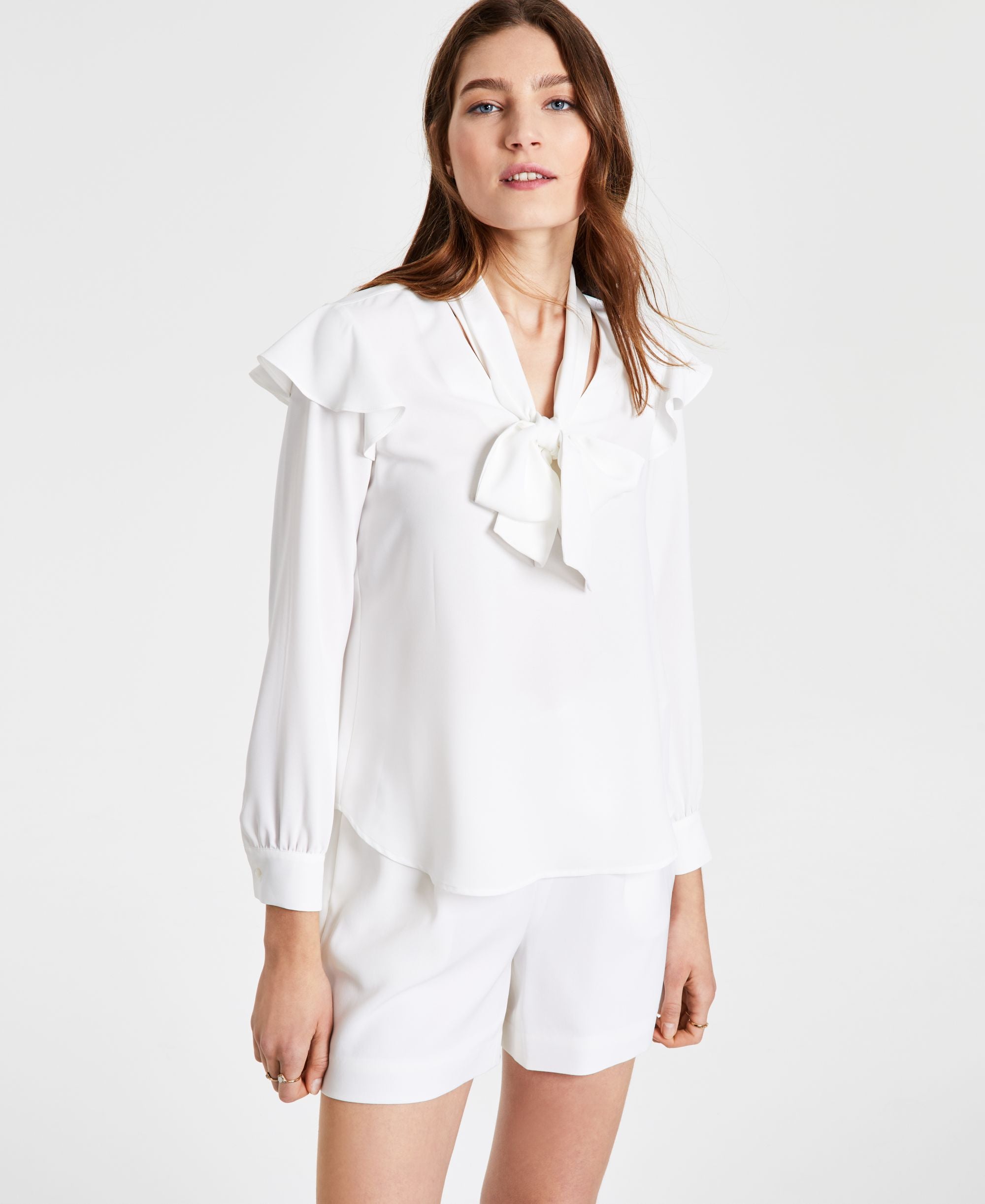Bar III Womens Long-Sleeve Tie Neck Signature Blouse With Ruffle Shoulder